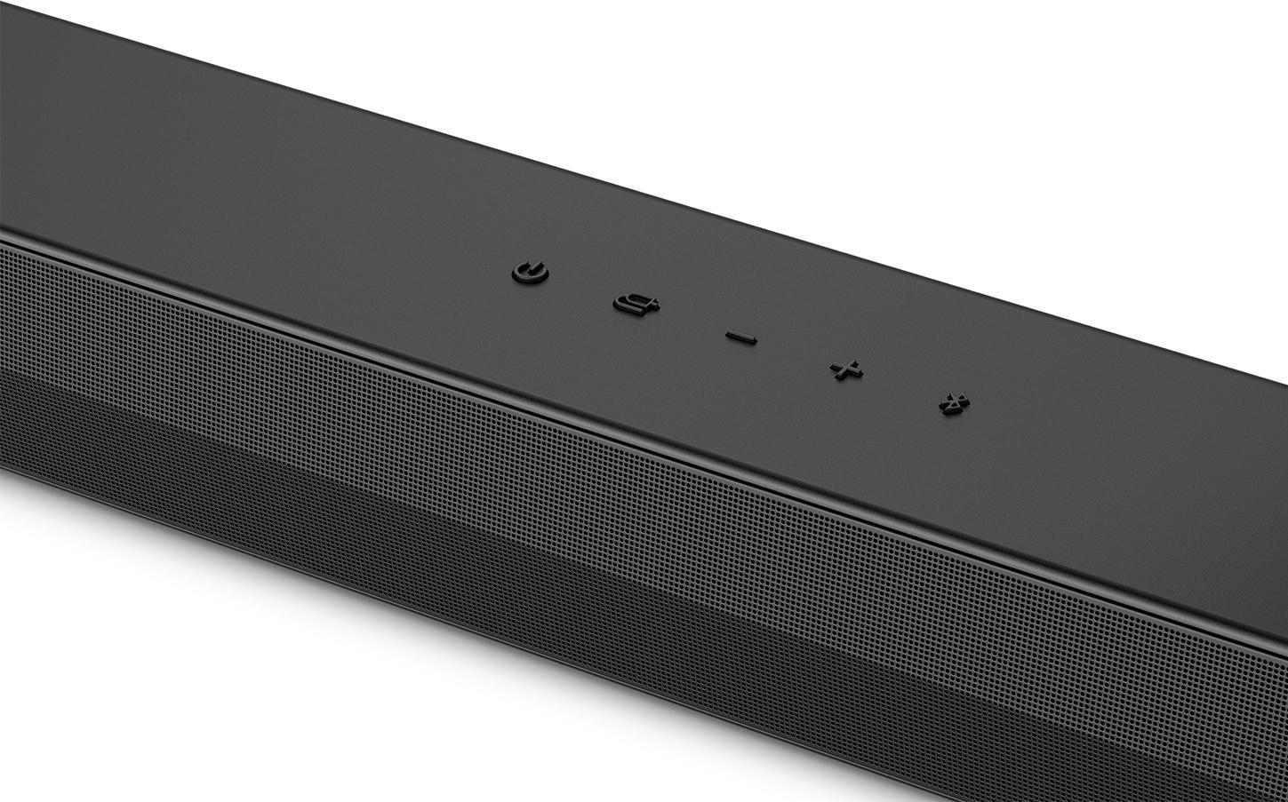 Schwarze Soundbar mit Steuertasten. Perforierter Lautsprechergrill sichtbar.