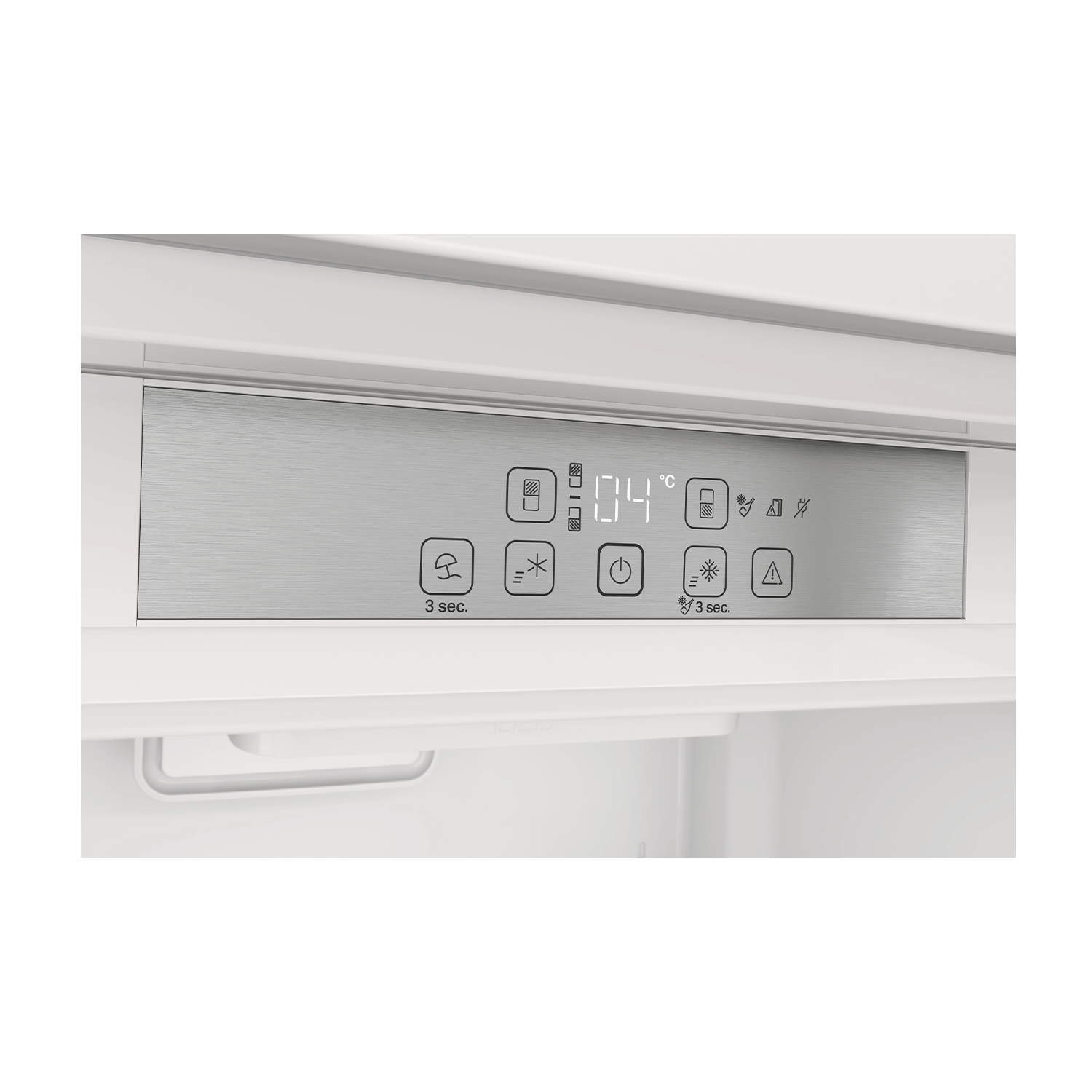 Pannello di controllo del frigorifero con display della temperatura e icone delle funzioni.