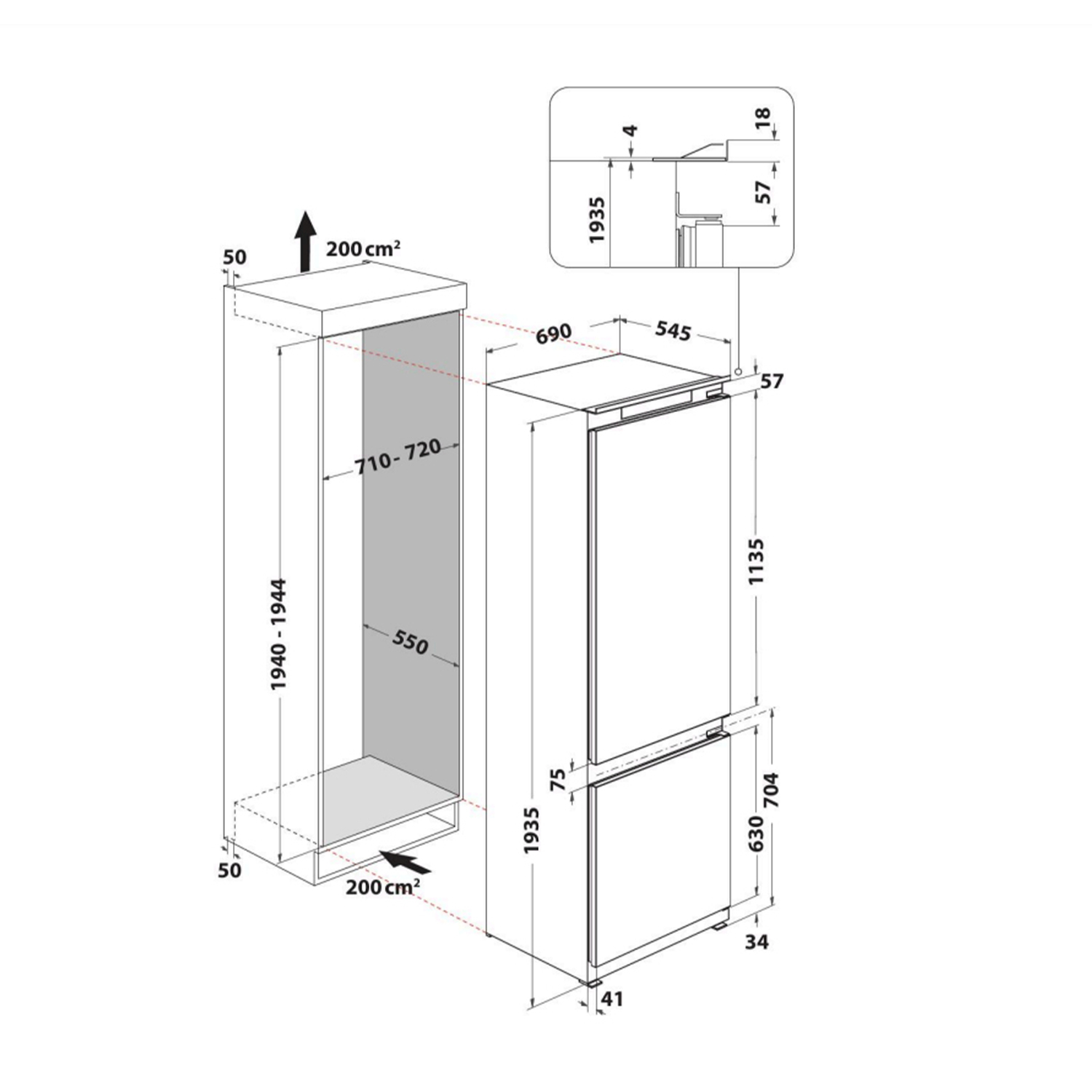 Un disegno tecnico di un frigorifero, che mostra dimensioni e misure.