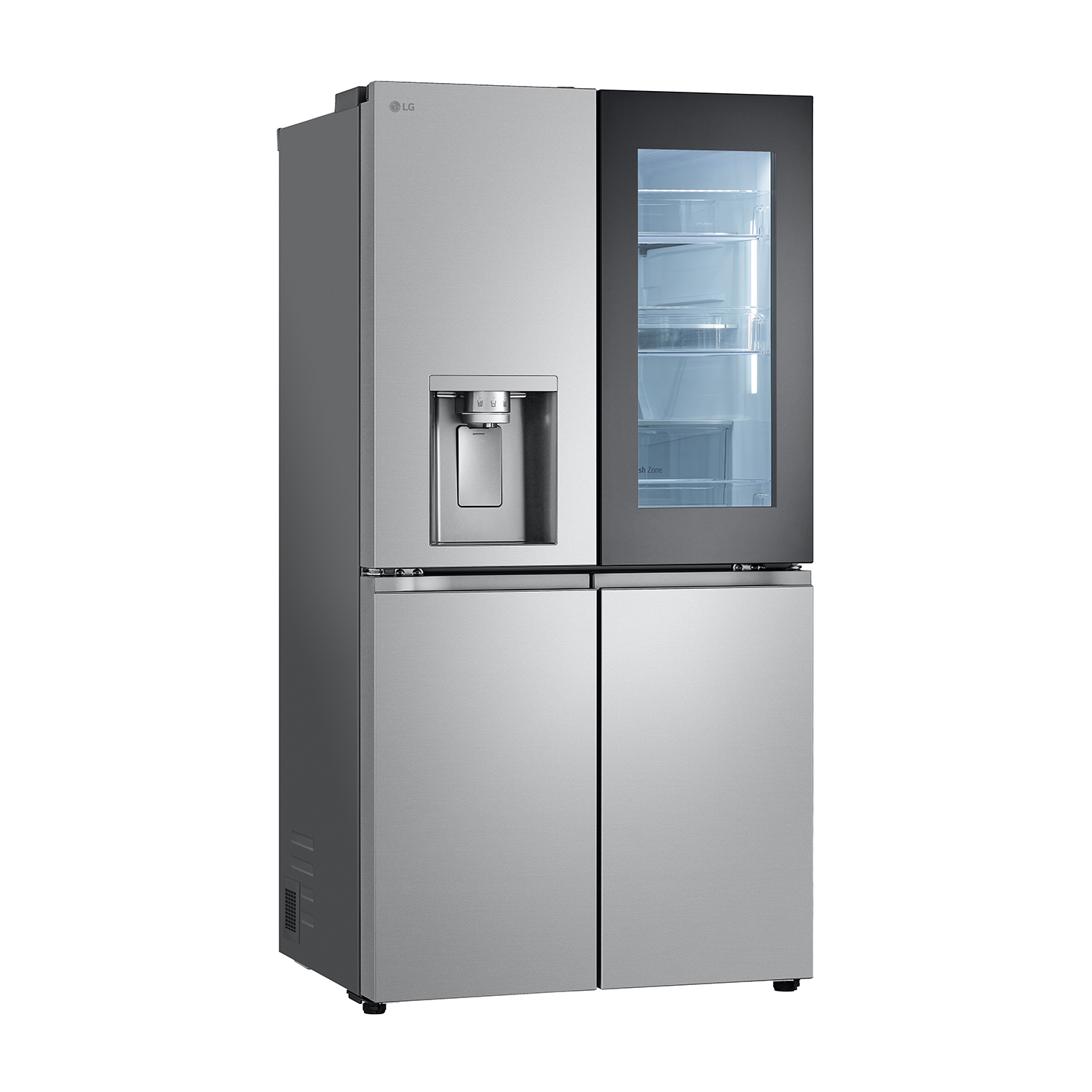 Frigorifero LG con due porte argentate e una porta in vetro nero con dispenser.