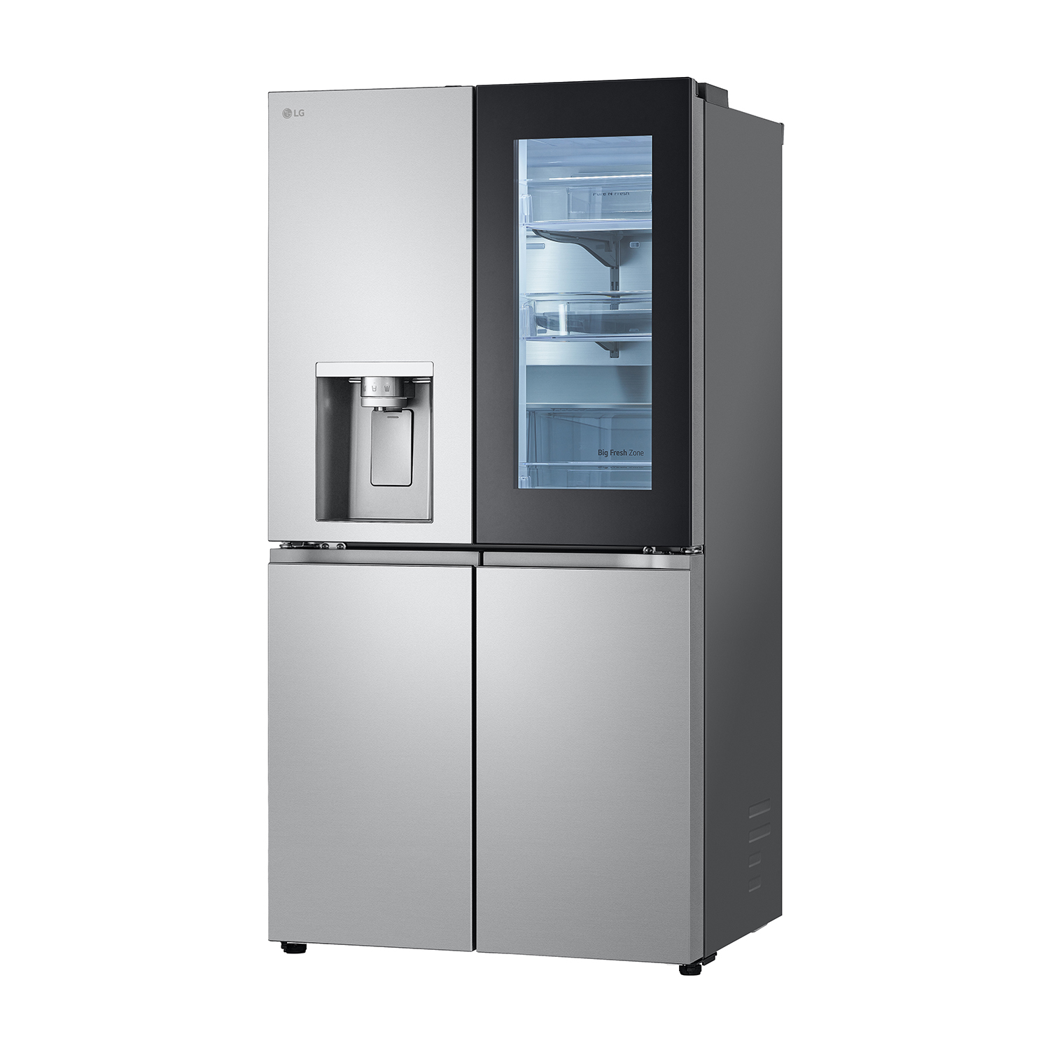 Frigorifero LG con più porte. Ha un dispenser e una porta in vetro scuro.
