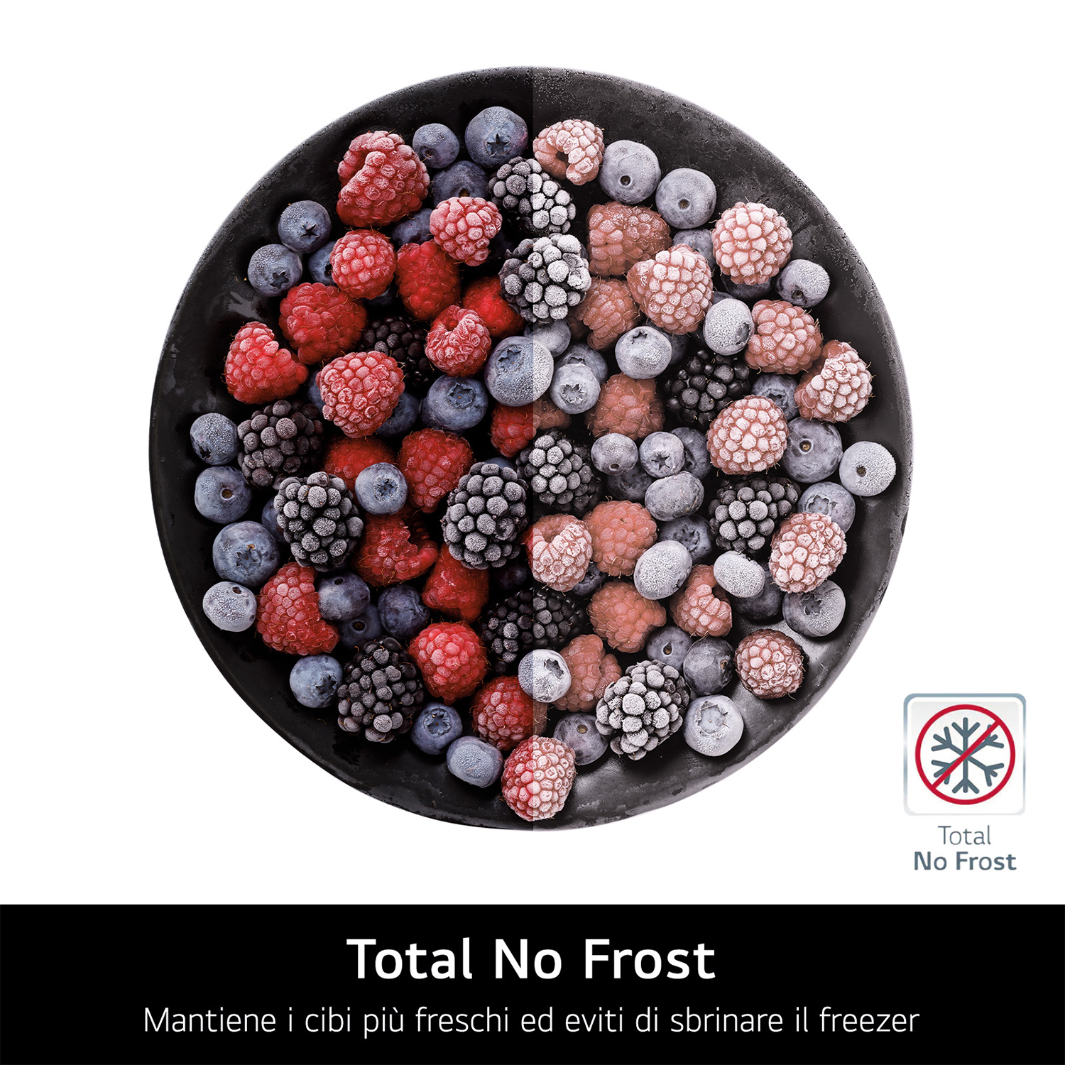 Una ciotola nera piena di frutti di bosco congelati. Logo Total No Frost nell'angolo.