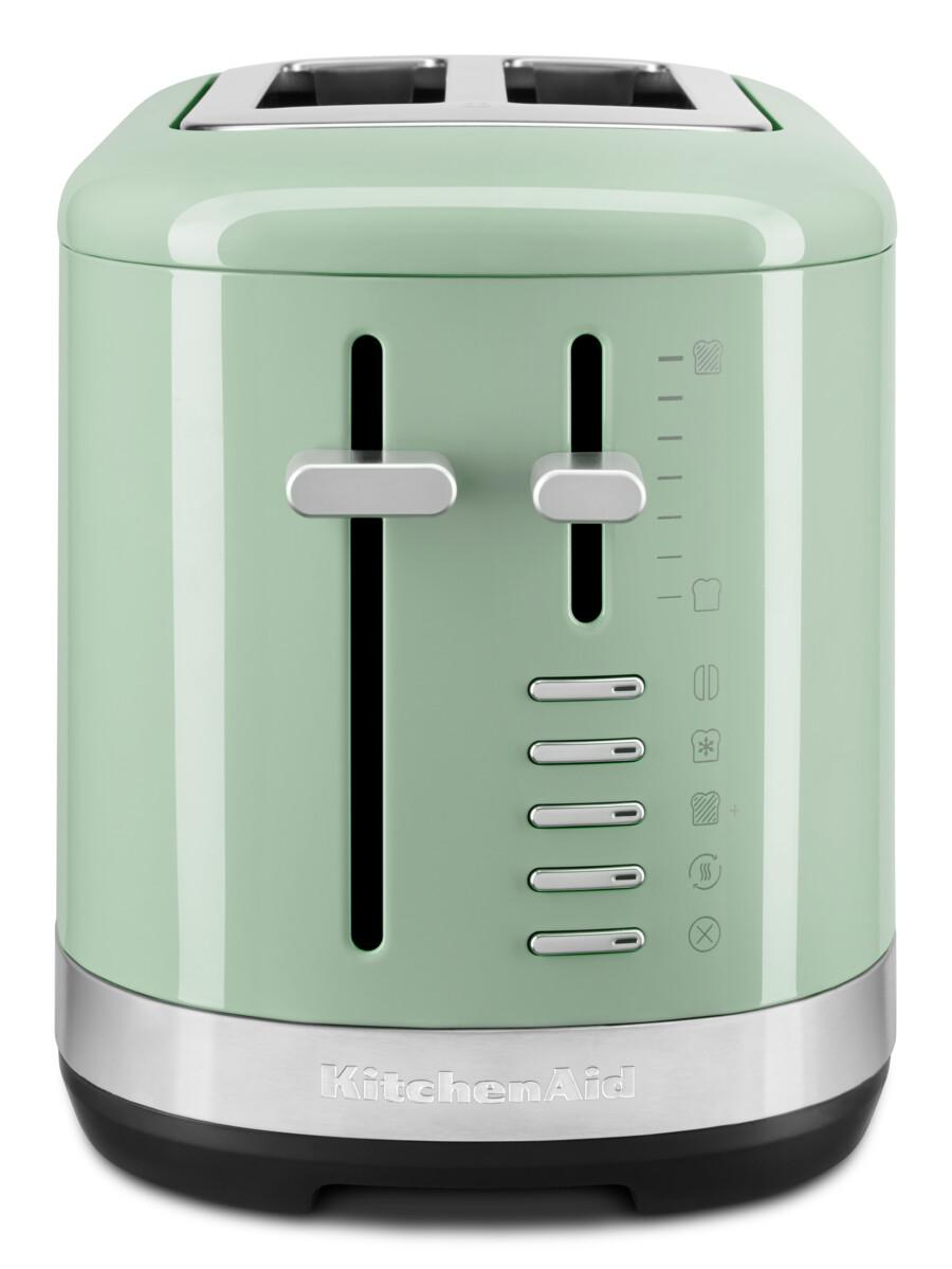 Minzgrüner KitchenAid-Toaster mit zwei Schlitzen und Bedientasten.