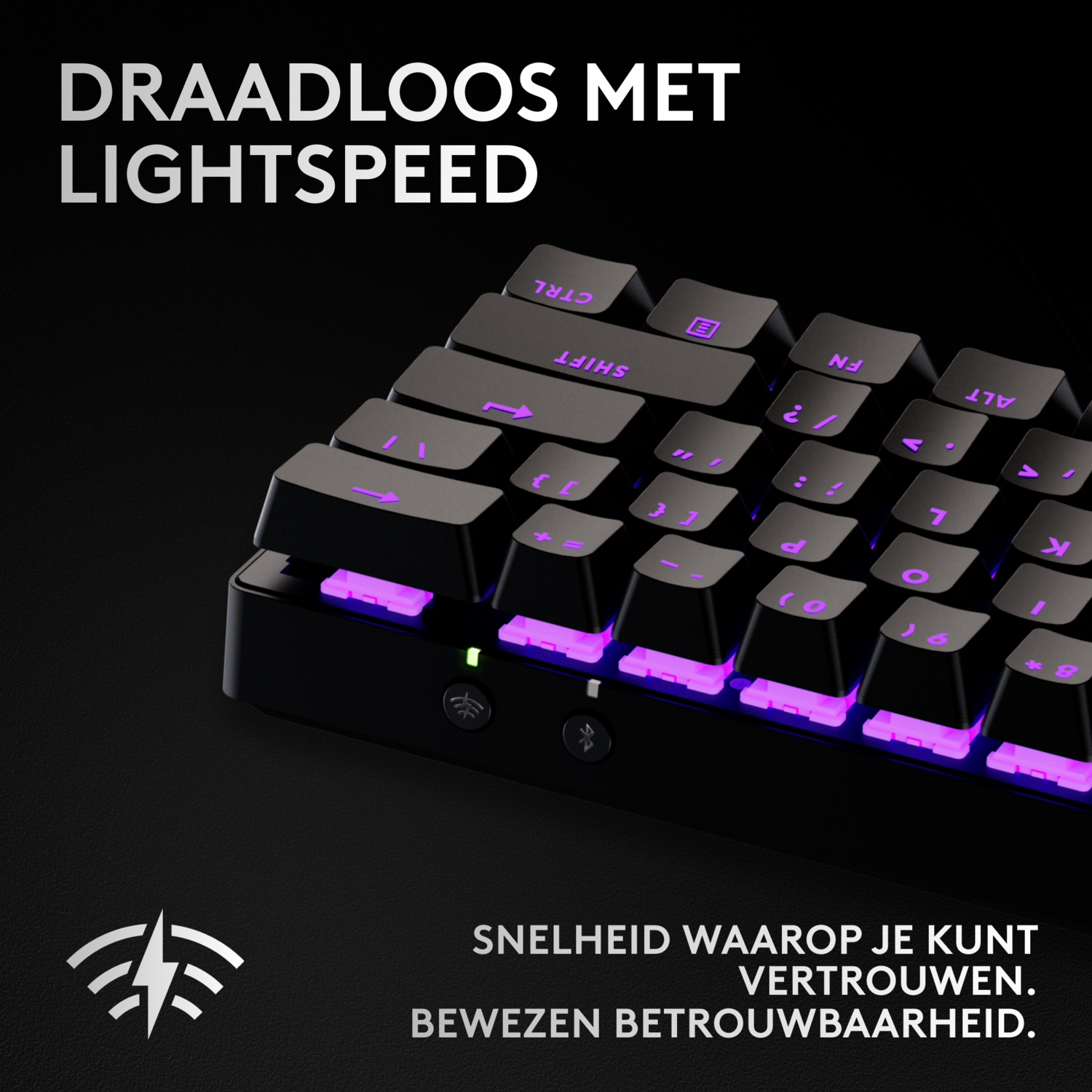 Black keyboard with glowing keys. Text and logo are visible.