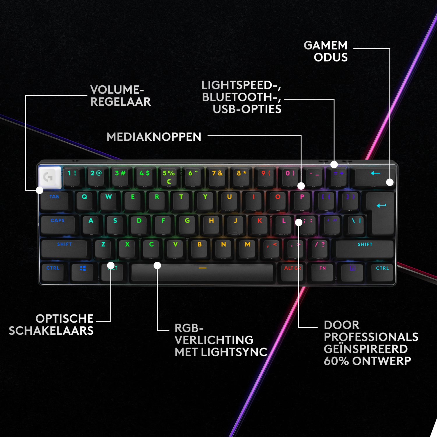 Black gaming keyboard with colorful illuminated keys, labeled with features, and a white G key.