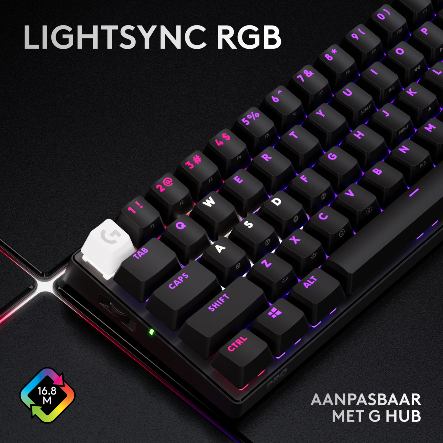 A black and purple RGB gaming keyboard, with a white key and text 'LIGHTSYNC RGB'.