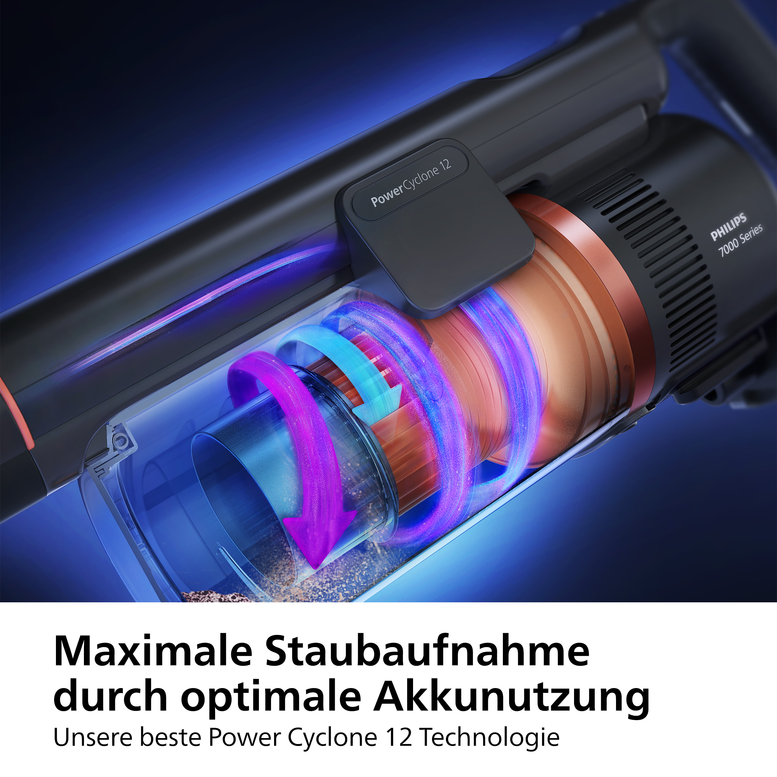 Staubsauger mit transparentem Staubbehälter, der den Zykloneffekt zeigt.