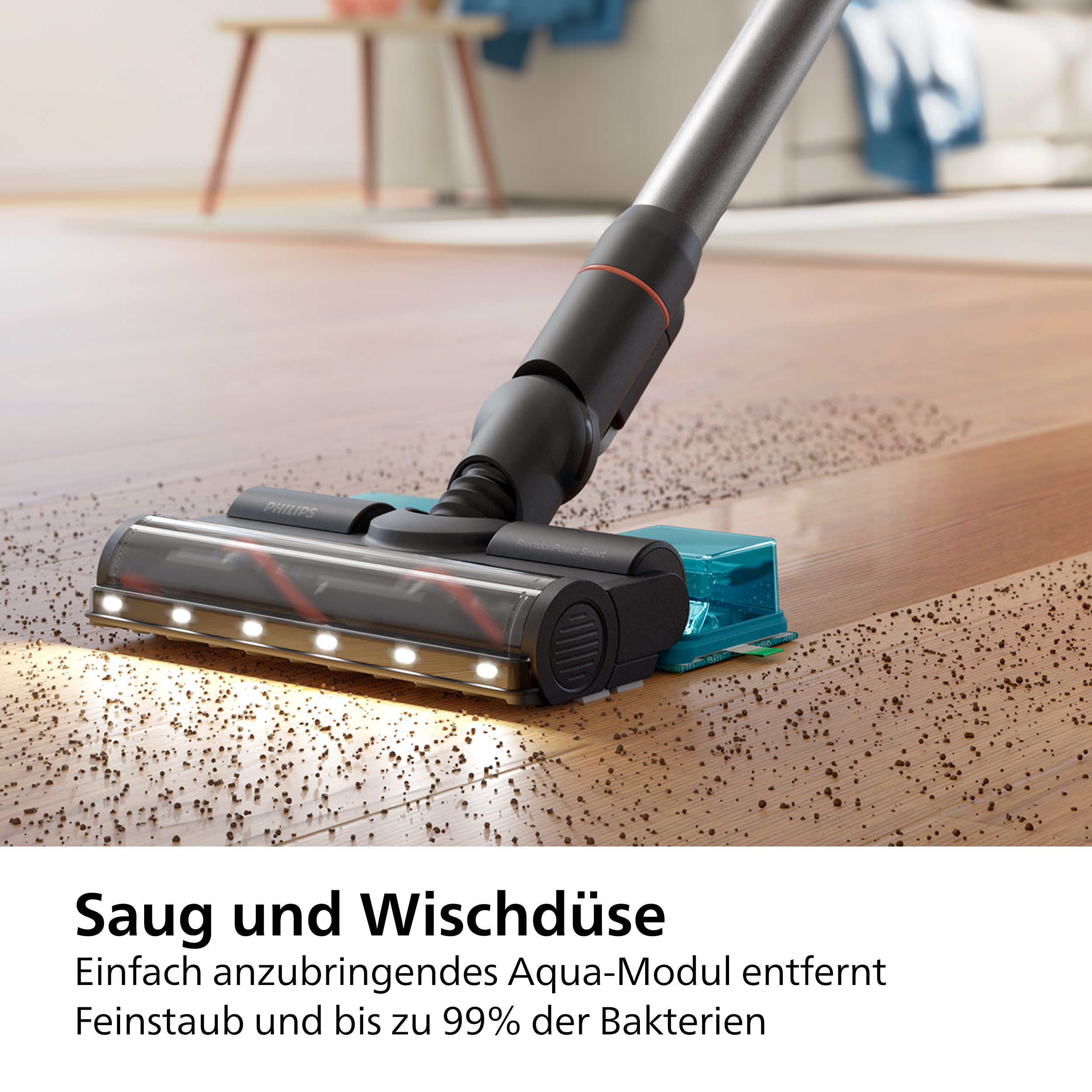 Staubsauger reinigt Holzboden. Aqua-Modul entfernt Schmutz, Bakterien und Staub.