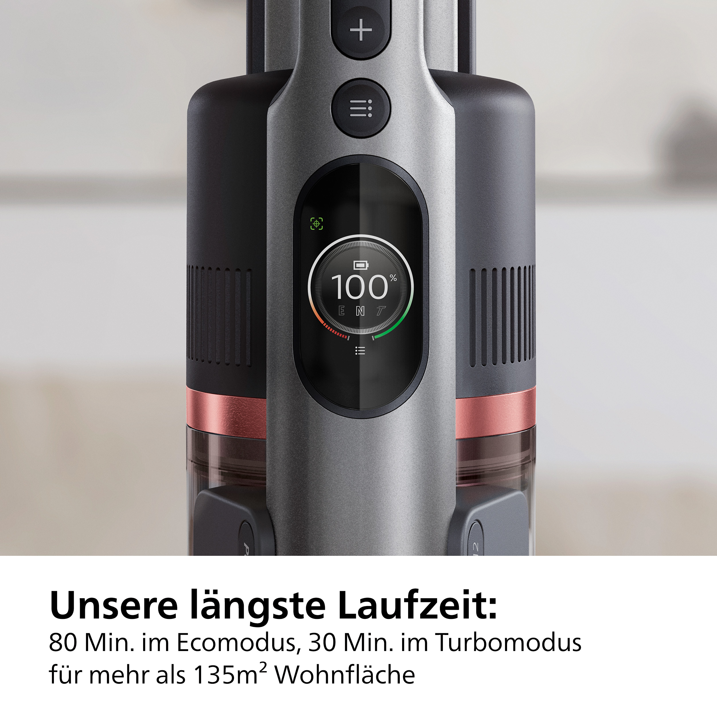 Ein Staubsauger mit Digitalanzeige, Bedientasten und Text zur Laufzeit.