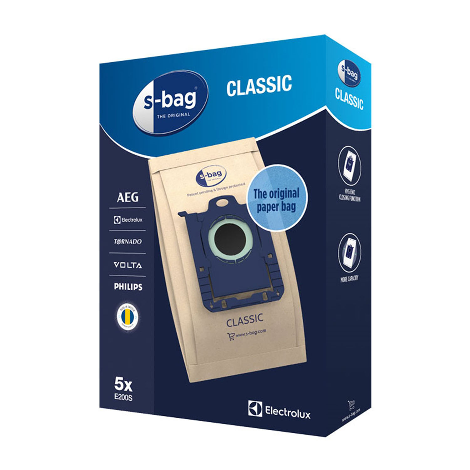 Scatola di sacchetti per aspirapolvere s-bag classic. Testo: AEG, Electrolux, Tornado, Philips, Volta.