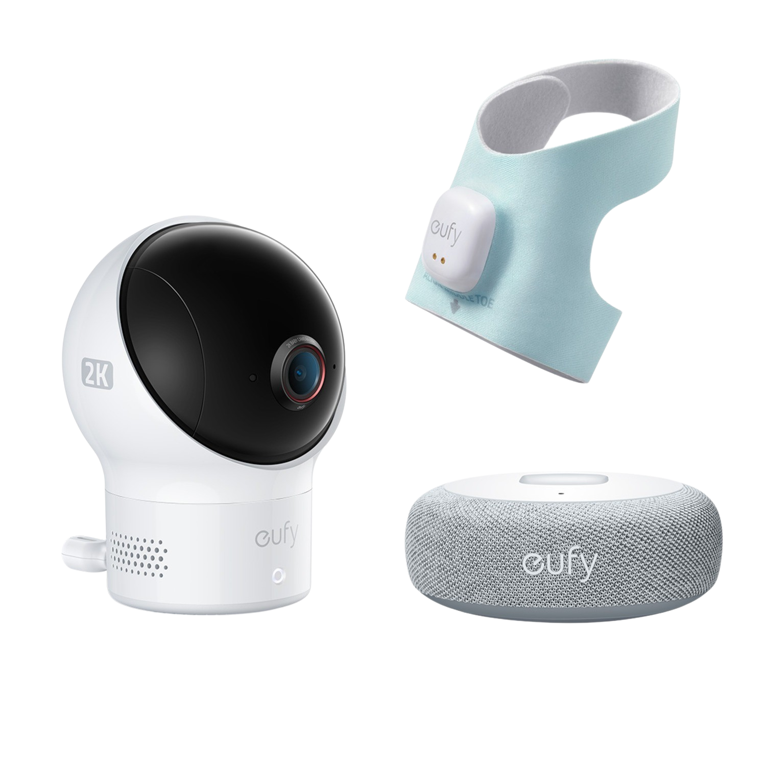 Ensemble domotique Eufy : caméra, moniteur de sommeil et haut-parleur. Le tout blanc avec des accents sombres.
