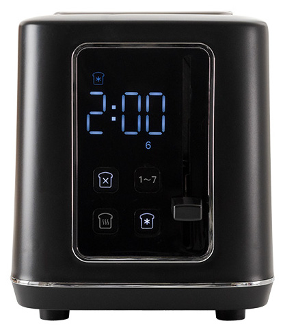 Czarny toster z cyfrowym wyświetlaczem pokazującym czas i ustawienia.
