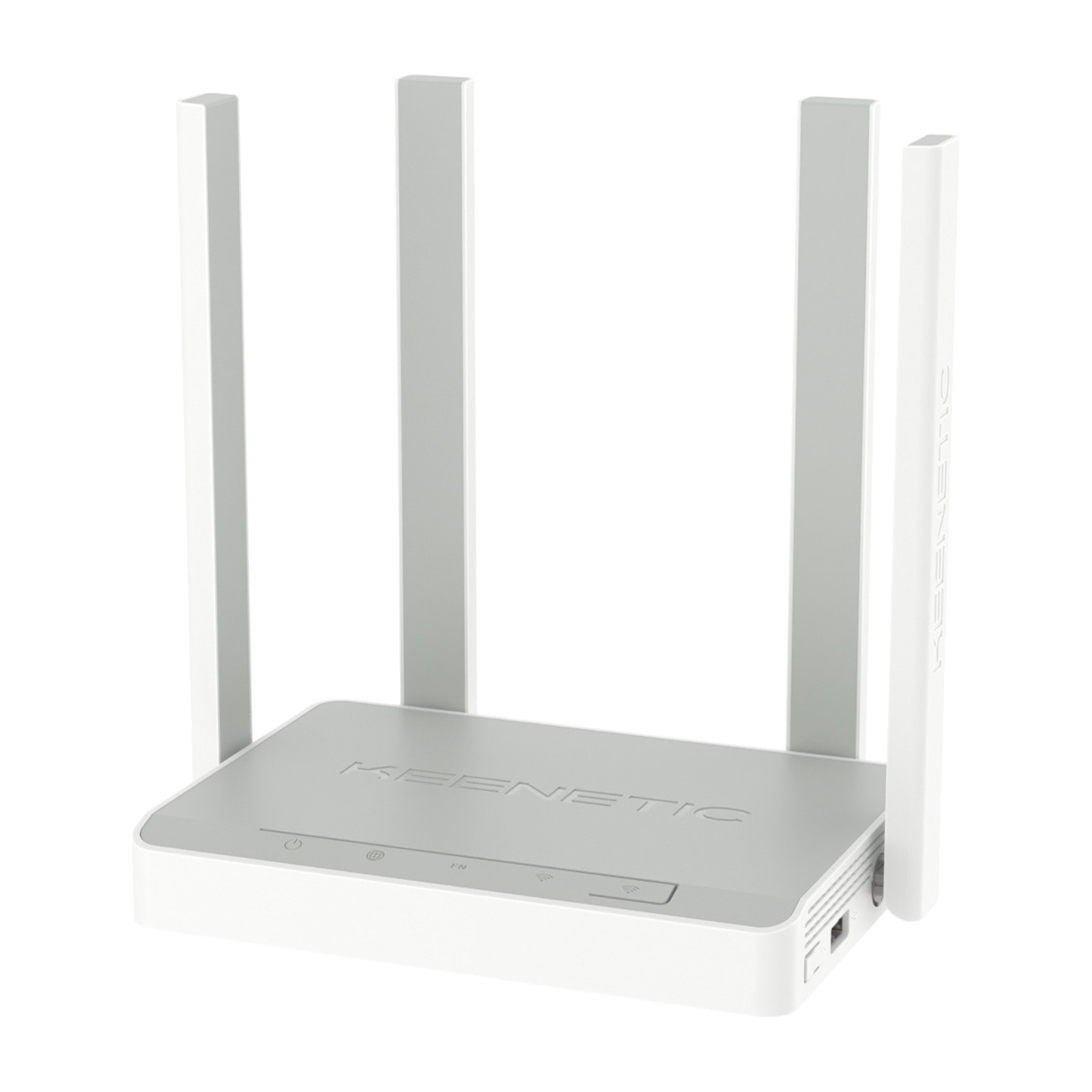 Un router bianco con quattro antenne. Il router ha un top grigio chiaro con loghi e indicatori.