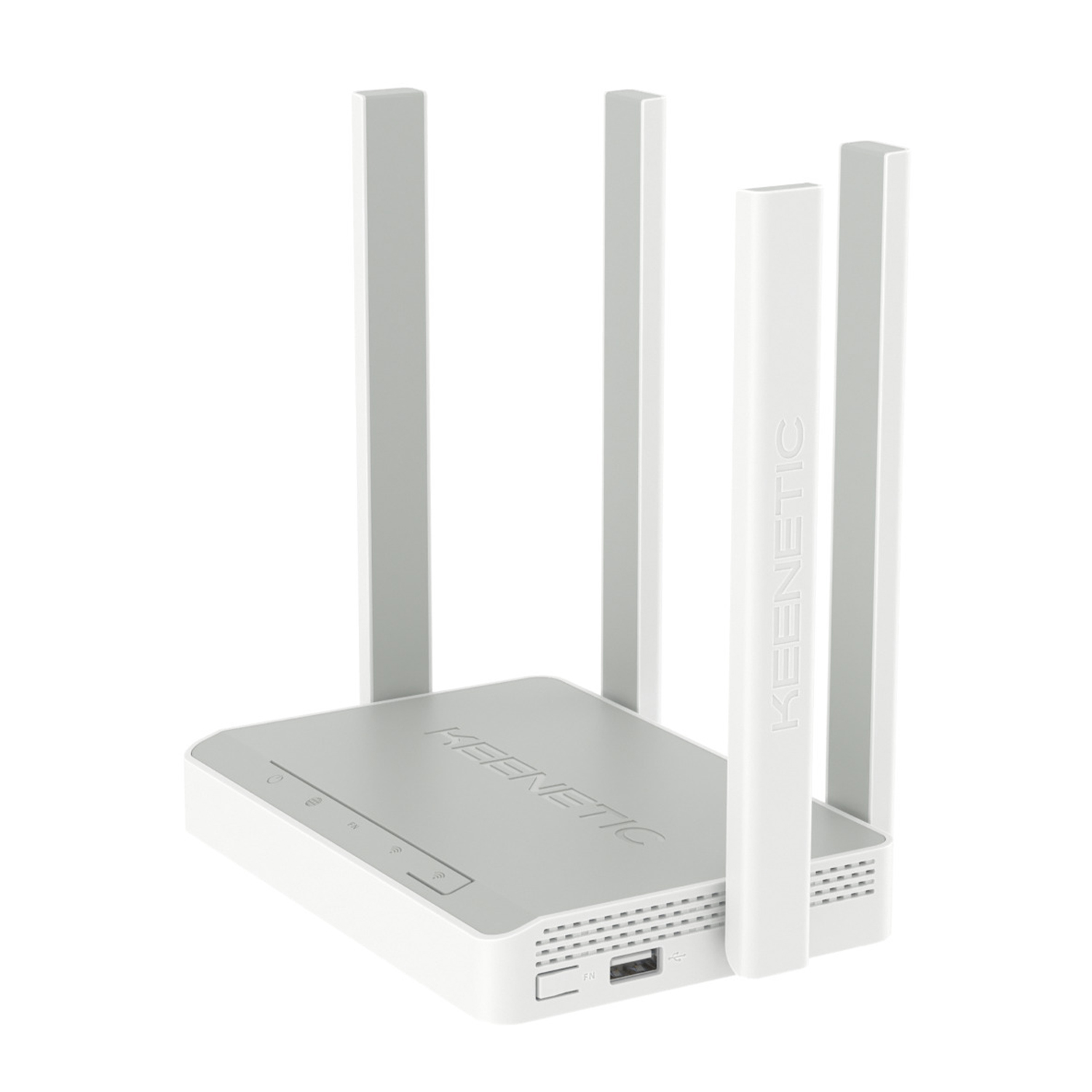 Router bianco con 4 antenne. 'KEENETIC' è stampato sulla parte anteriore.