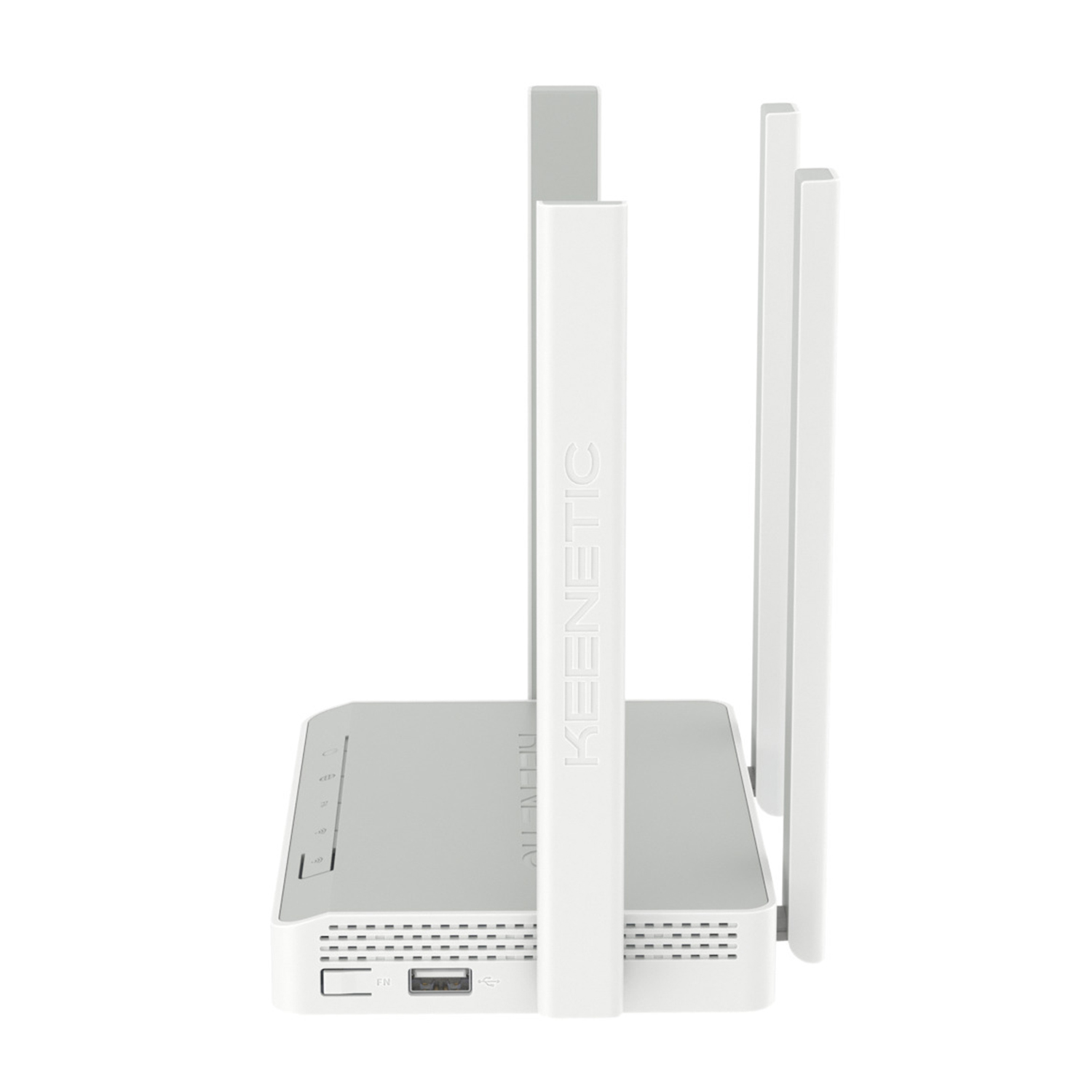 Un router Keenetic bianco con tre antenne su sfondo bianco.