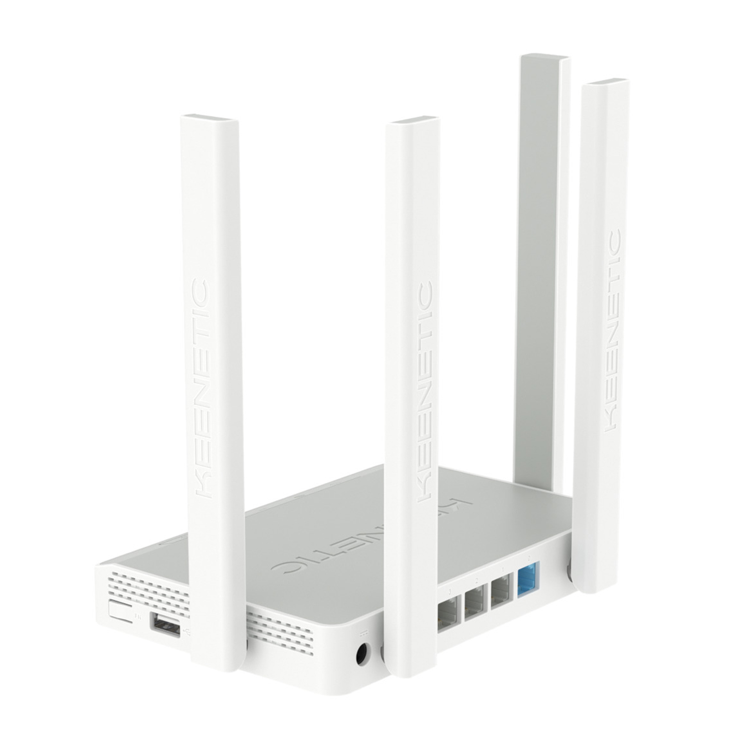 Un router Kinetic bianco con quattro antenne, angolate verso l'alto, su sfondo bianco.