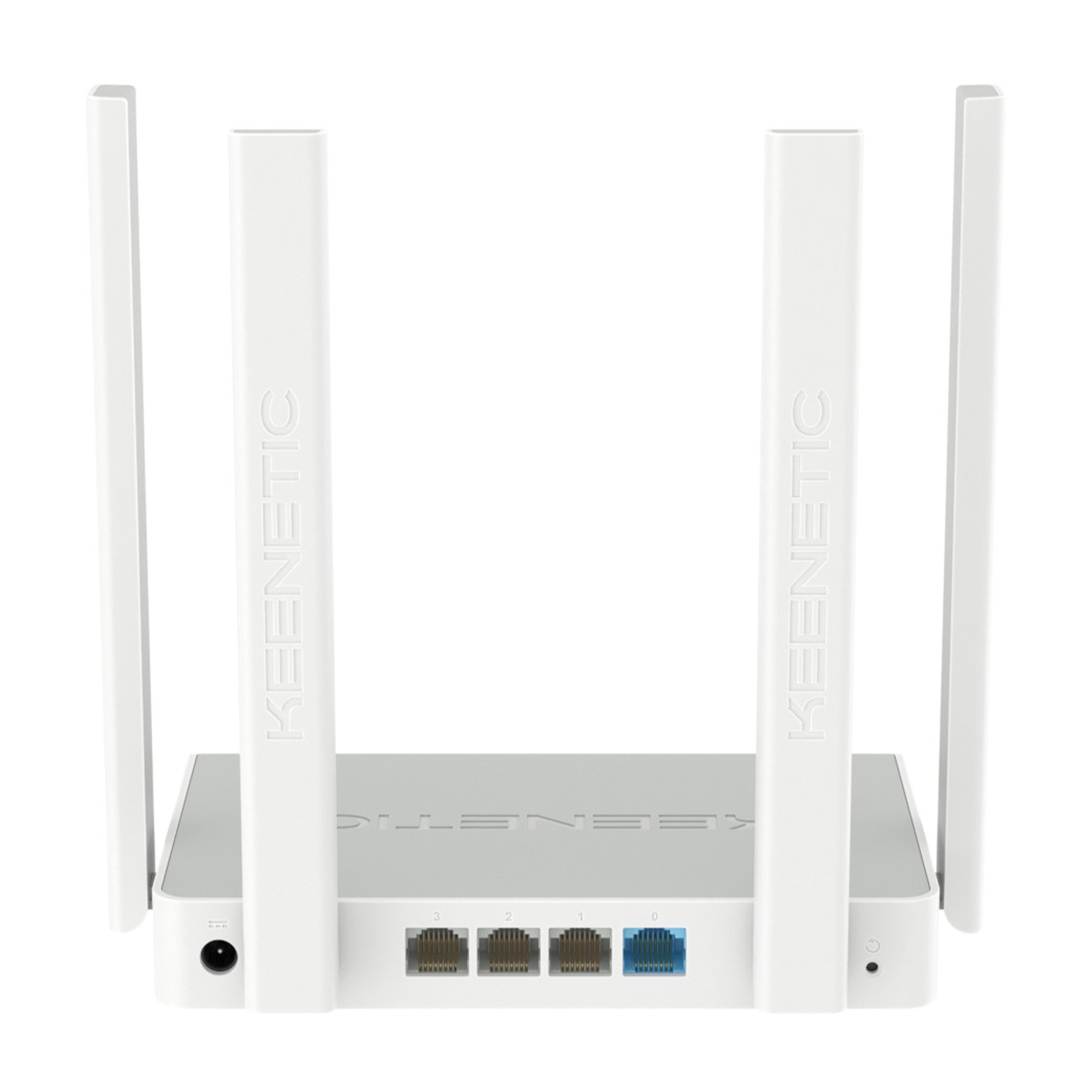 Un router Keenetic bianco con quattro antenne e porte.