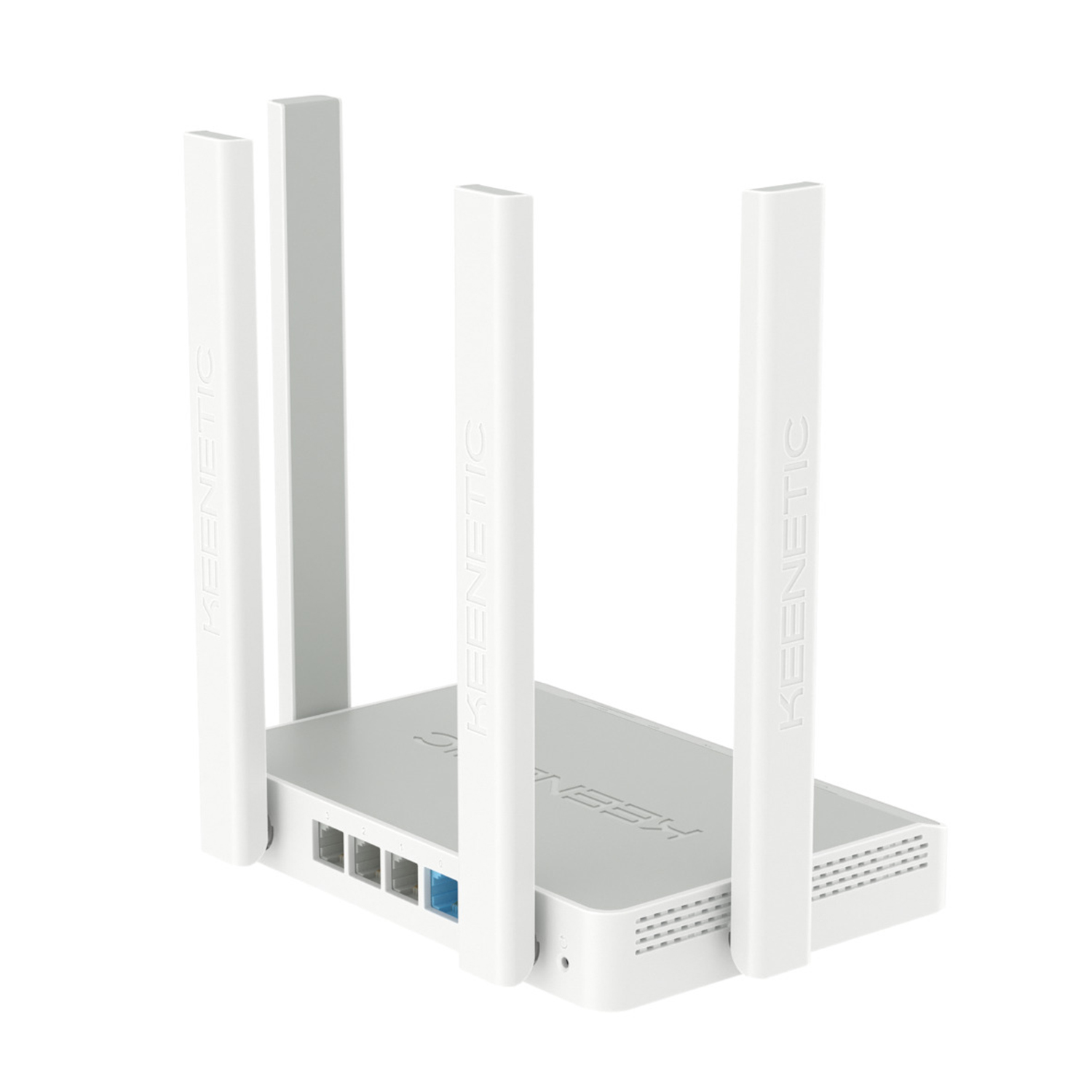 Un router Keenetic bianco con quattro antenne. Il router ha un design semplice.