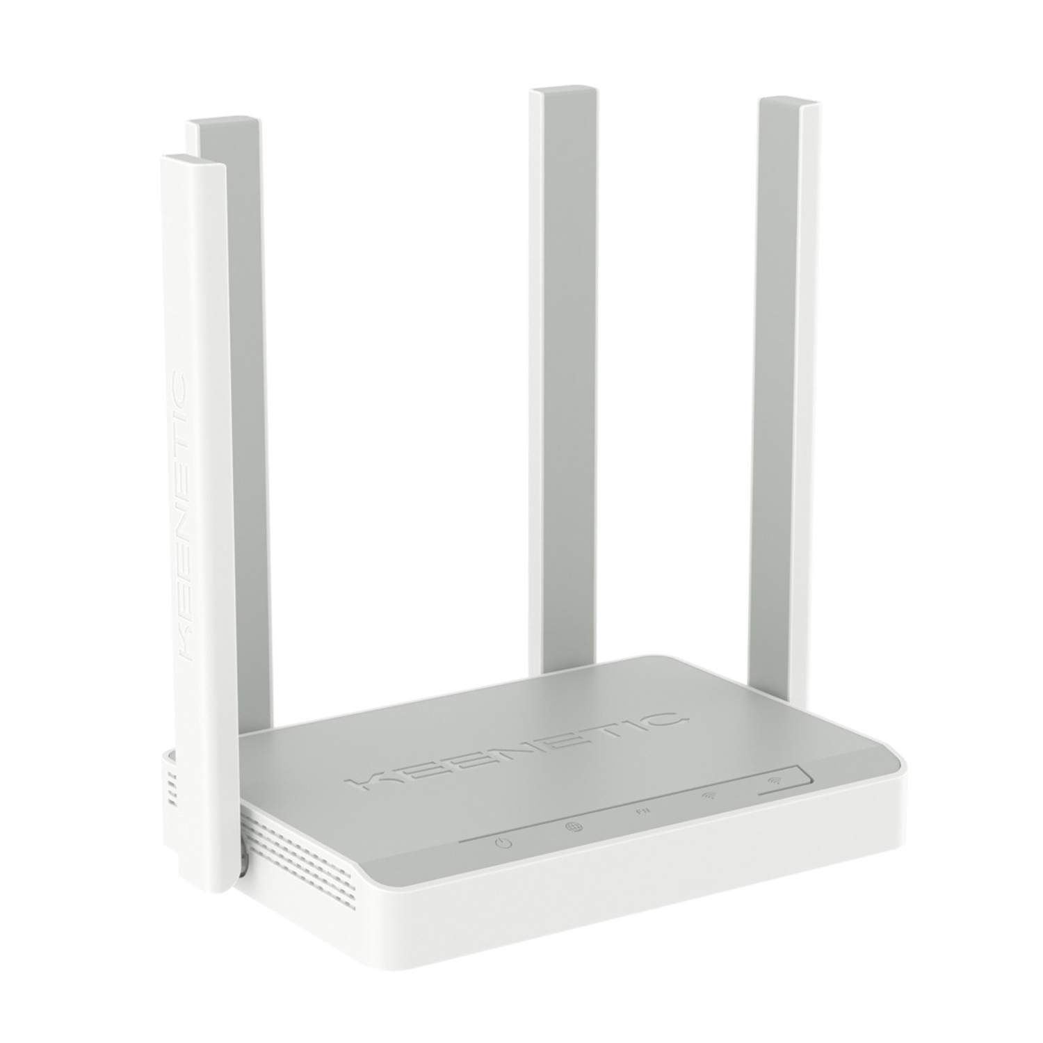 Un router Keenetic bianco con tre antenne grigie in posizione verticale.
