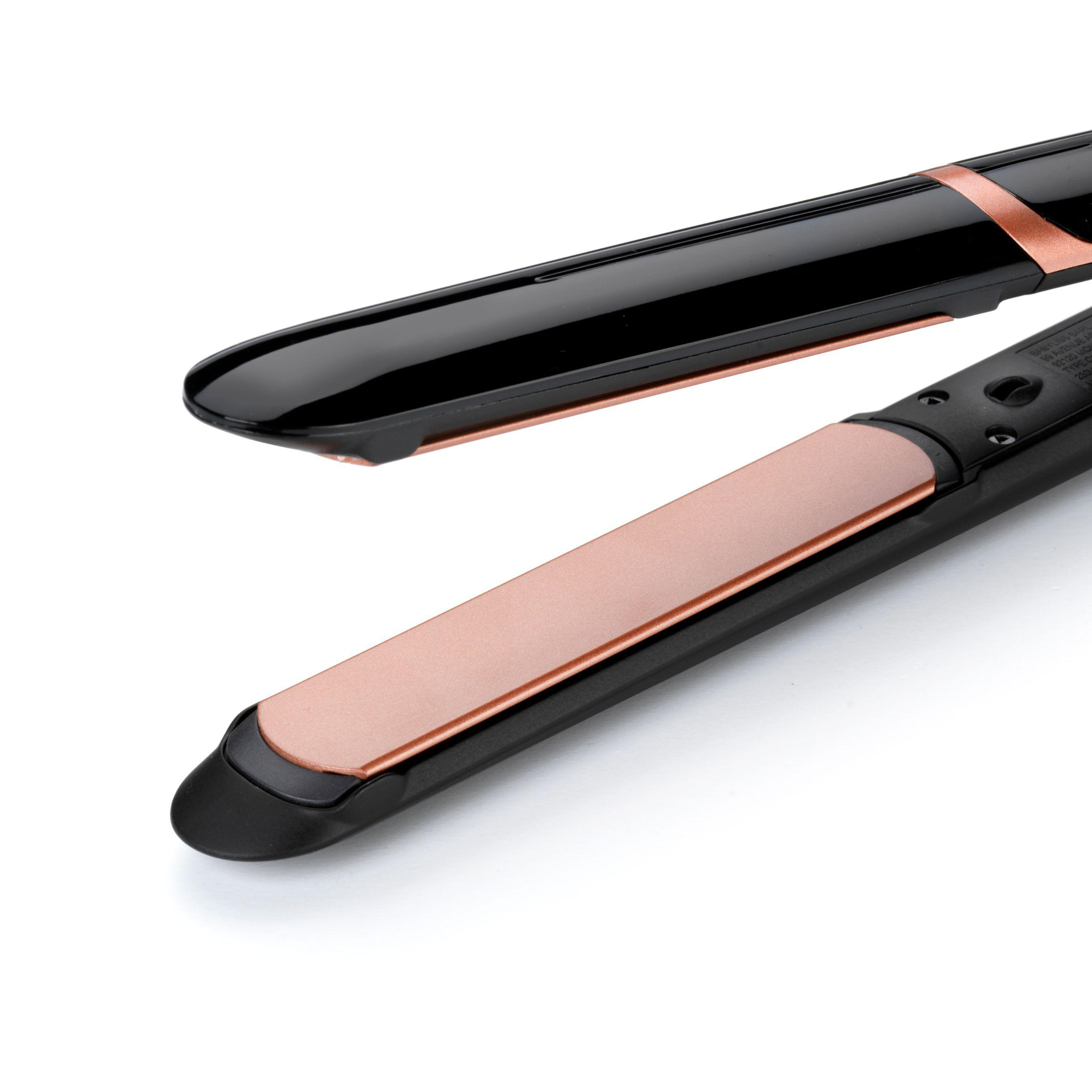 Haarglätter in Schwarz und Roségold. Die Platten sind roségoldfarben mit schwarzem Gehäuse und Griff.
