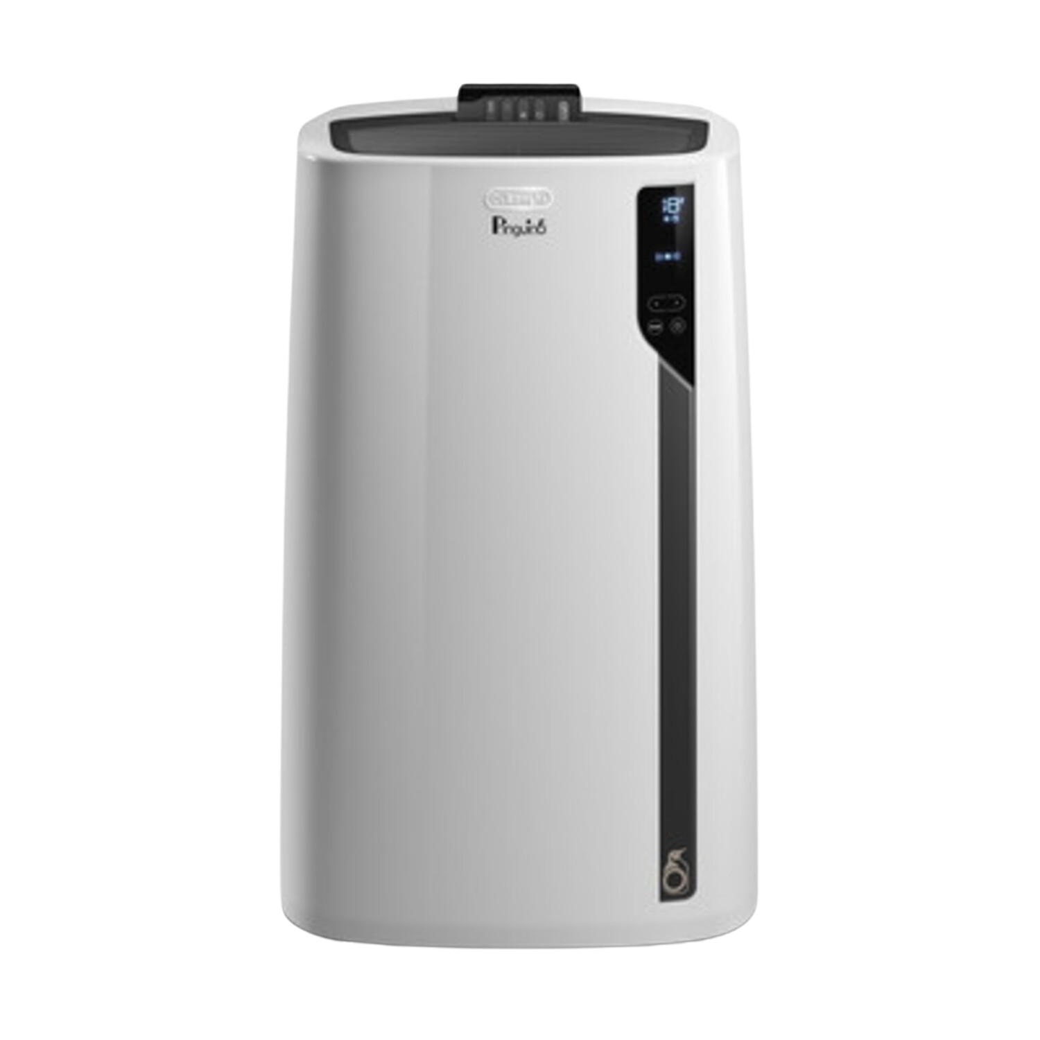 Purificateur d'air DeLonghi blanc avec une bande noire sur le côté. Fond noir.