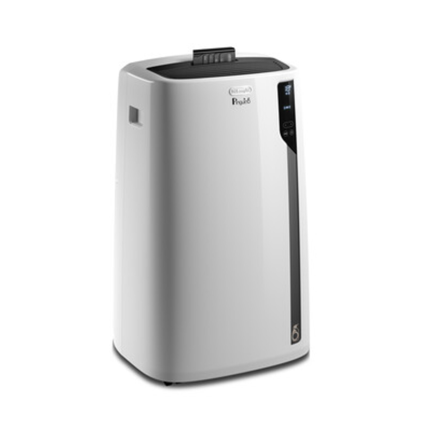 Climatiseur blanc De'Longhi Pinguino. Unité haute et verticale. Panneau de commande noir sur le côté.