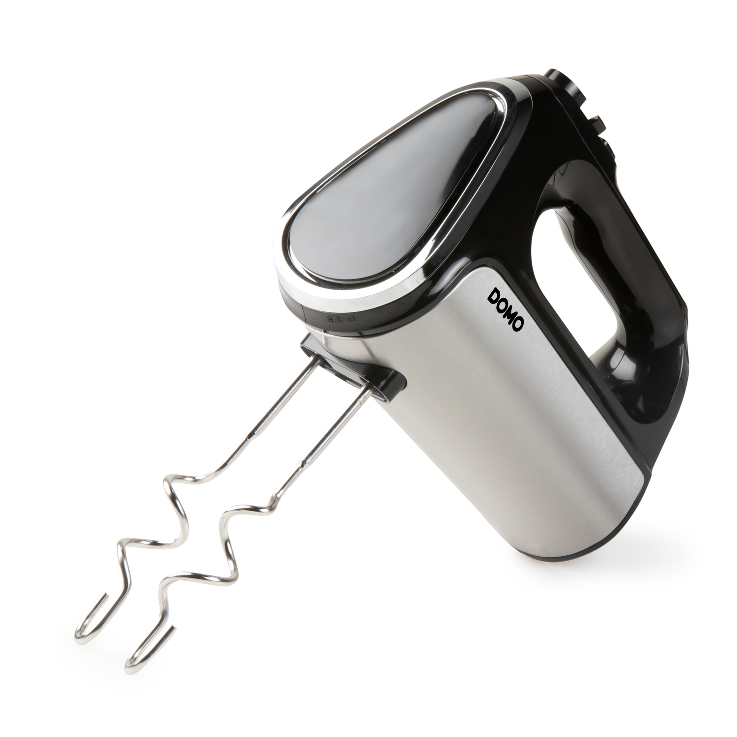 Hand mixer, silver and black, with beater attachments. DOMO logo is visible.