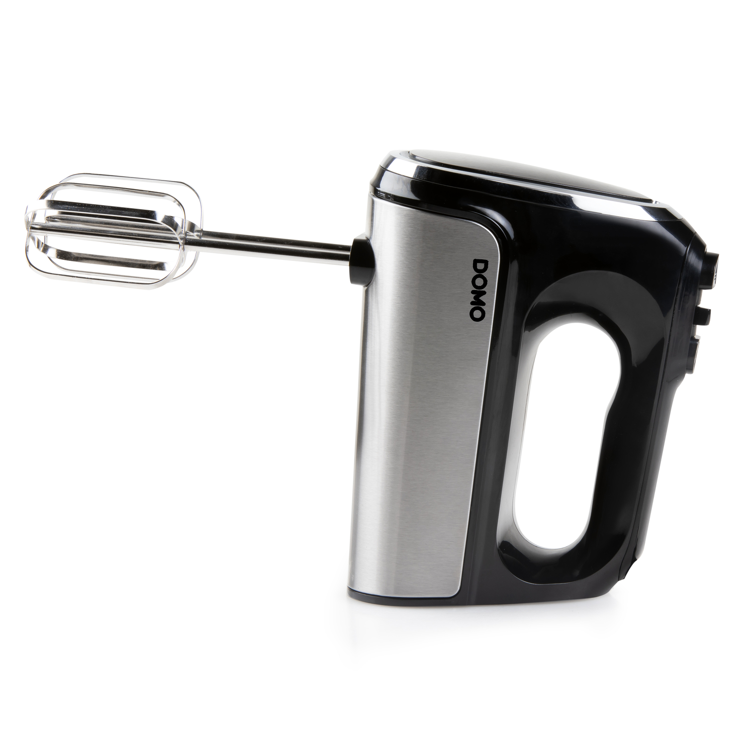 Hand mixer on a white surface. Silver and black body with a beater attached.