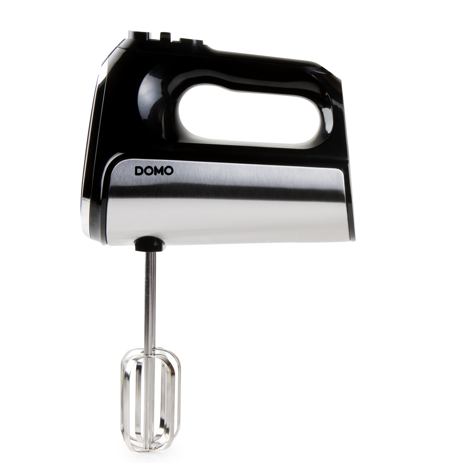 Hand mixer with black top and silver bottom. The 'DOMO' logo is on the side.