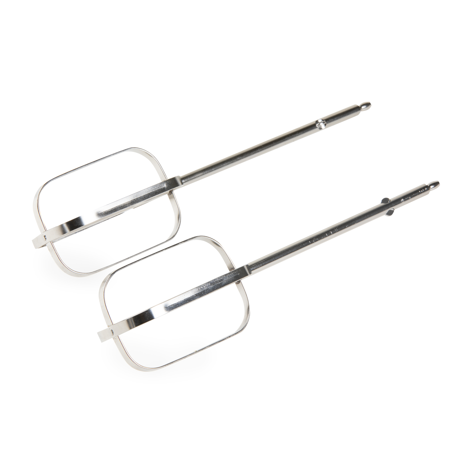 Two silver beaters for a mixer are on a white surface, isolated from the background.