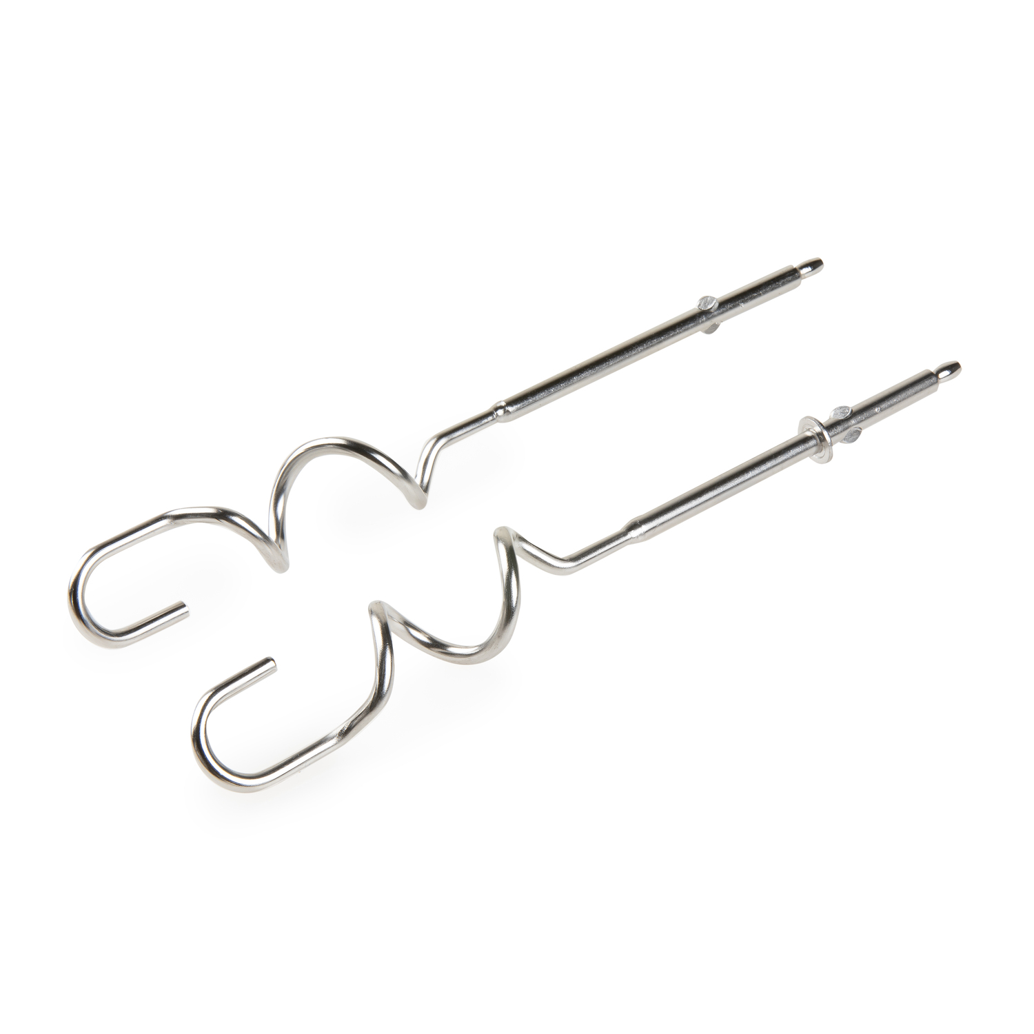 Two silver mixer attachments for a hand mixer. They are curved and have a hook shape.