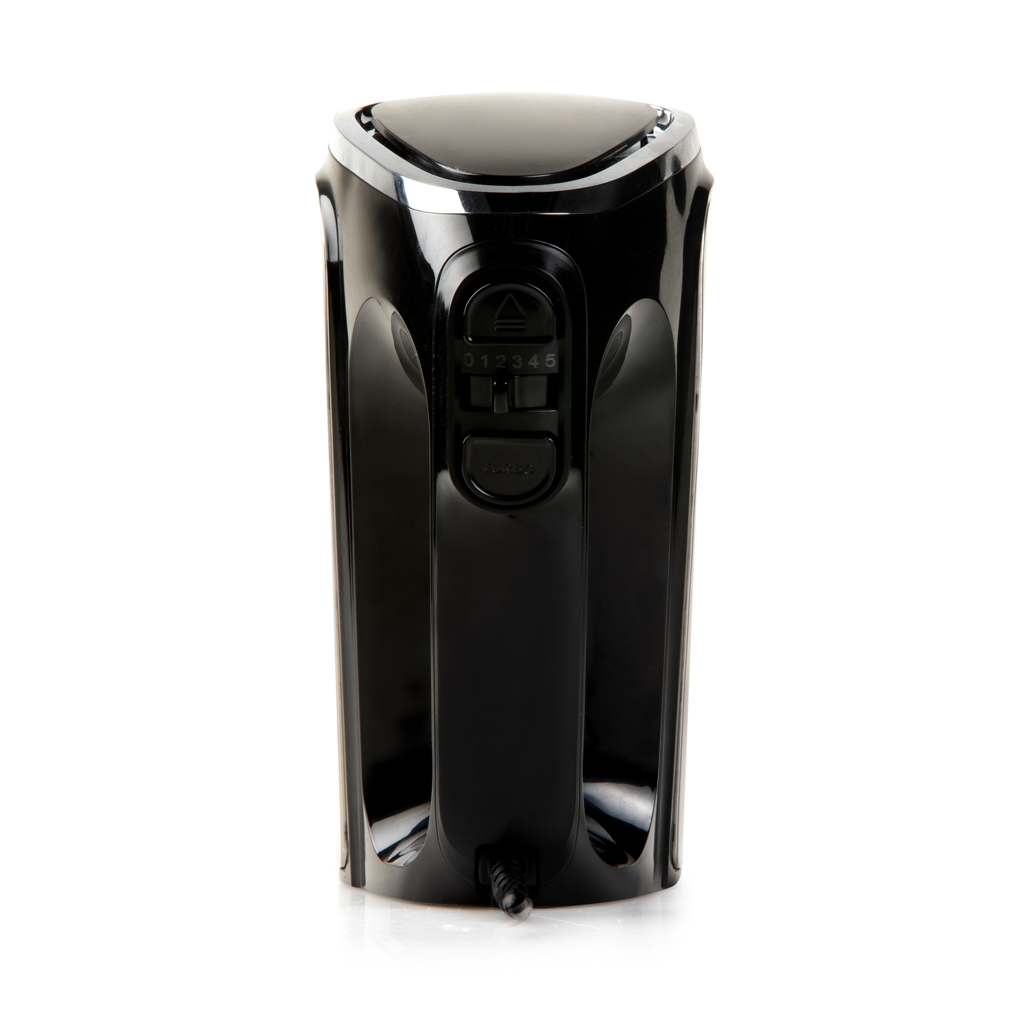 A black hand mixer with number settings, a power button, and a handle with a sleek design.