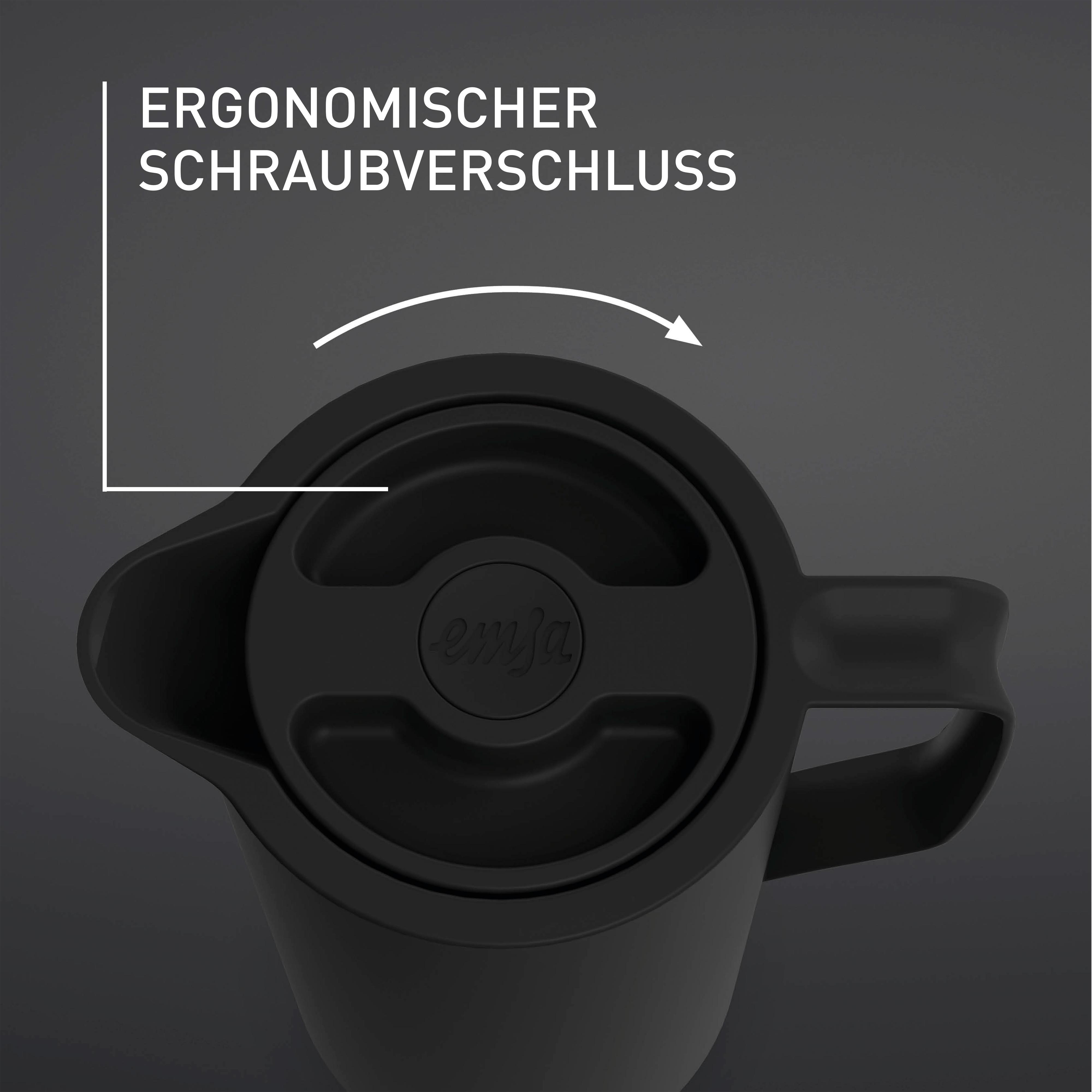 Schwarze, geschlossene Thermoskanne mit Griff. Weißer Pfeil und Text-Overlay.