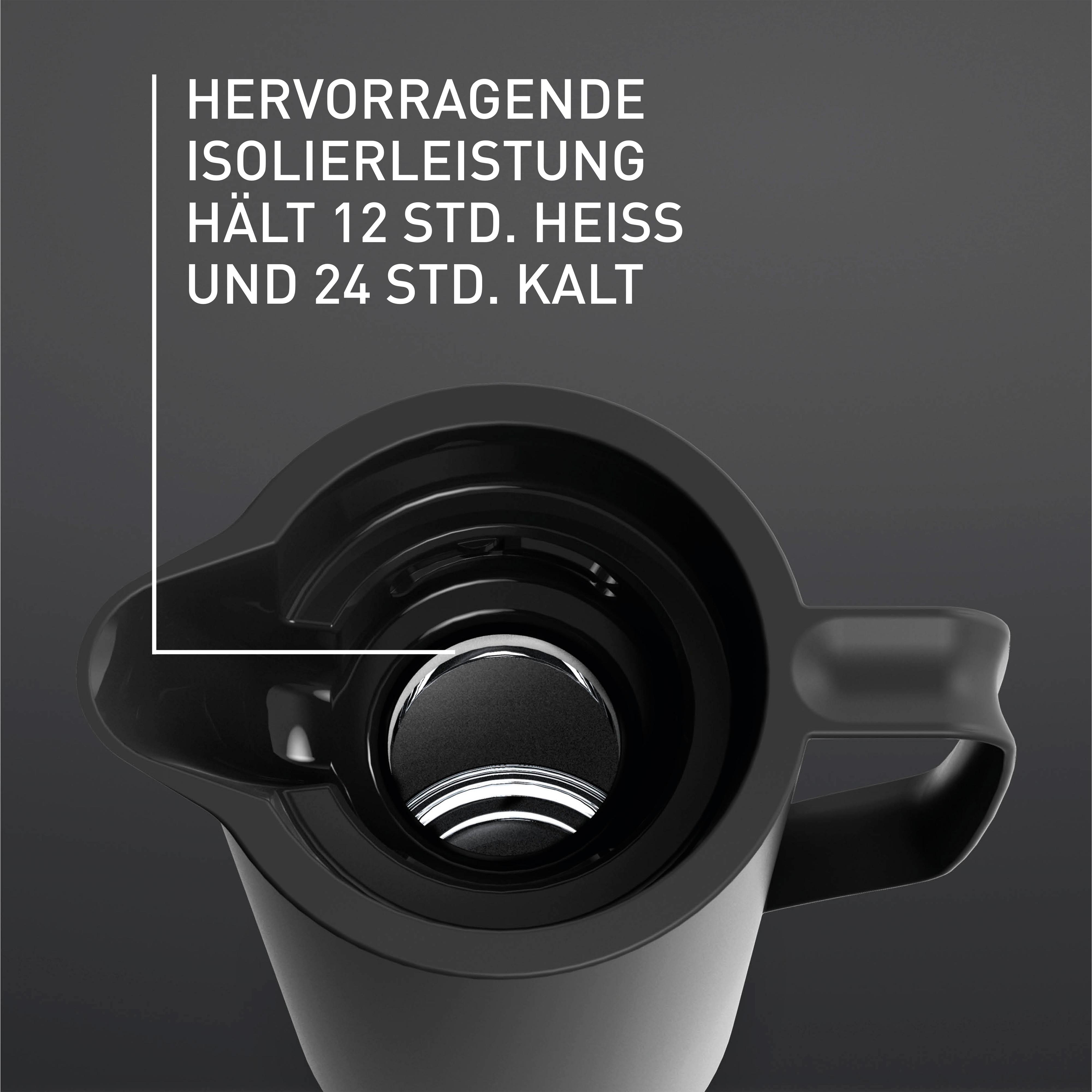 Nahaufnahme einer schwarzen Thermoskanne mit Text, der ihre Isoliereigenschaften angibt.