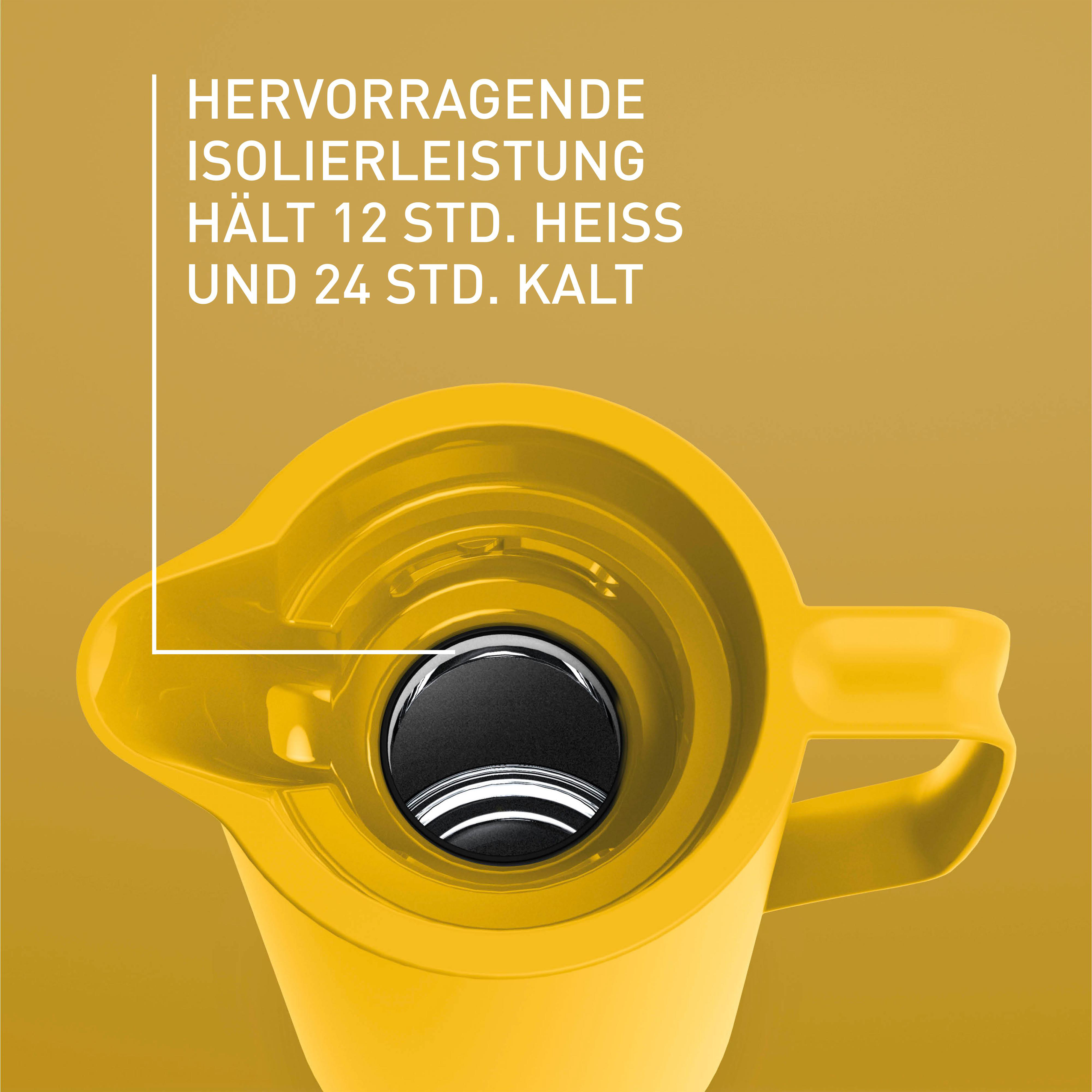 Gelbe Thermoskanne mit Text. Hält den Inhalt 12 Stunden heiß und 24 Stunden kalt.