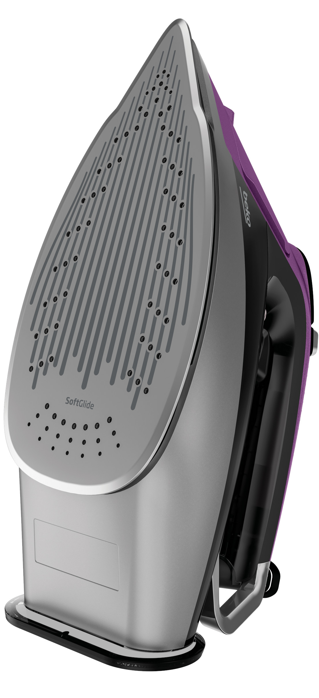 Żelazko ze srebrną stopą, fioletowym uchwytem i czarną podstawą.