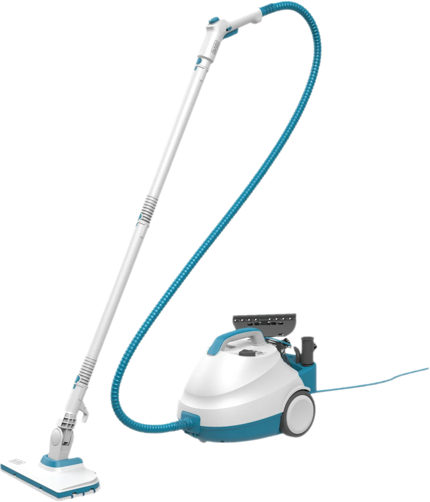 Nettoyeur vapeur blanc et bleu. Il a un long tuyau et une tête de nettoyage rectangulaire.