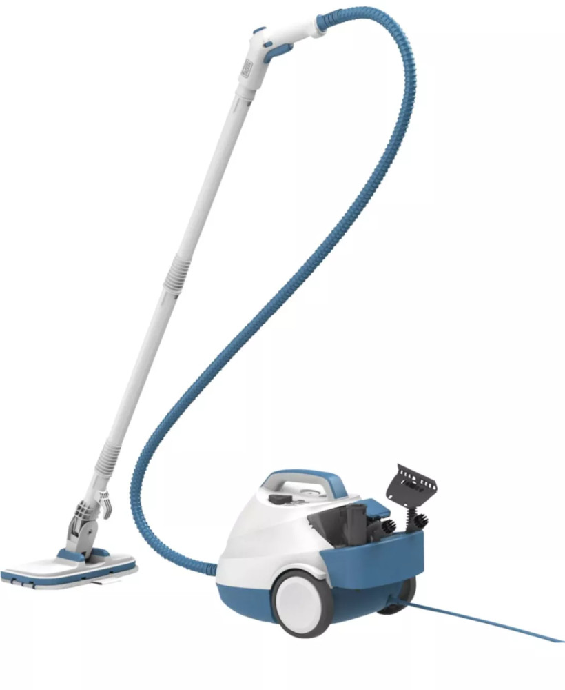 Un nettoyeur vapeur blanc et bleu avec un long tuyau et des accessoires fixés à une base à roulettes.