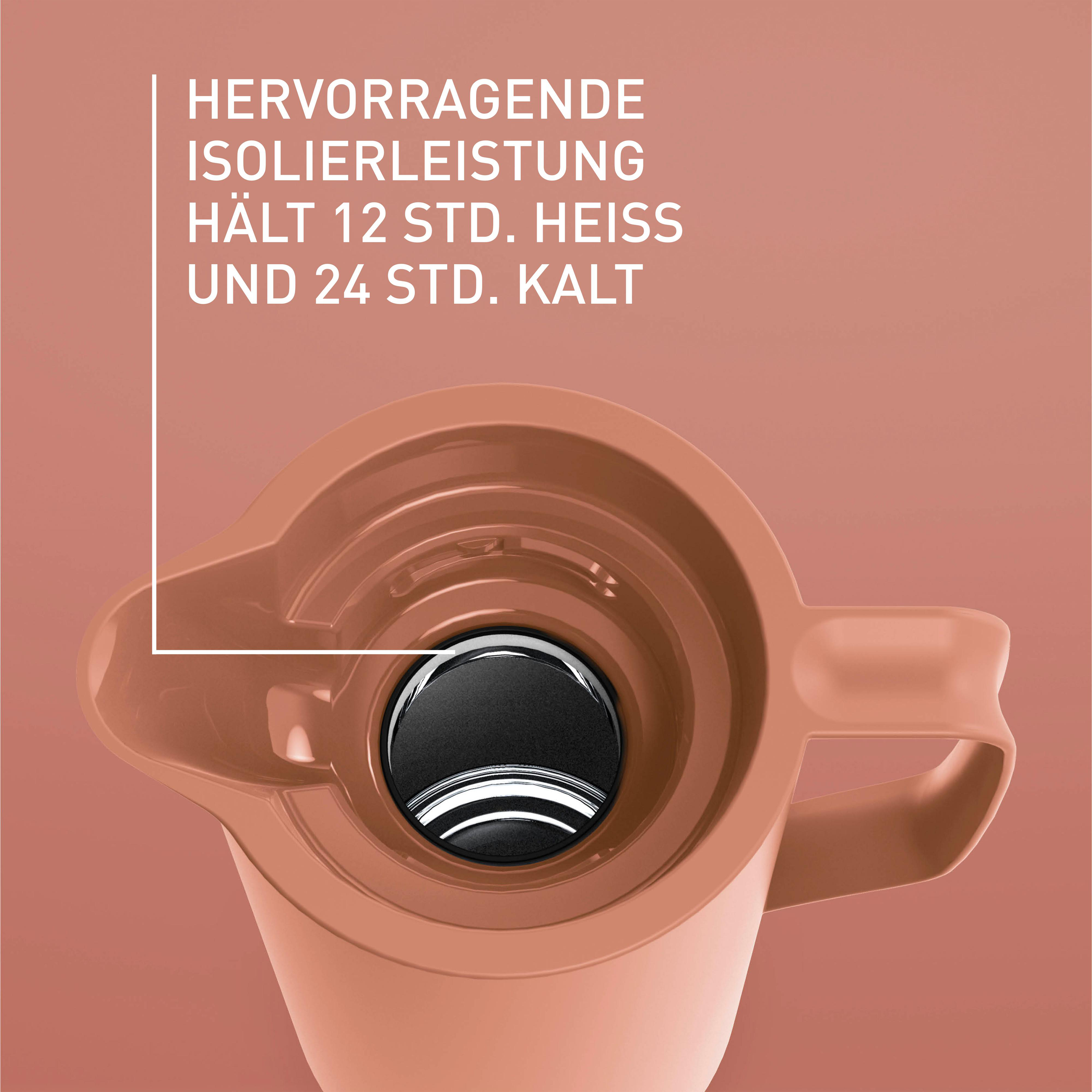 Nahaufnahme einer braunen Thermoskanne mit Text zur Isolierung.