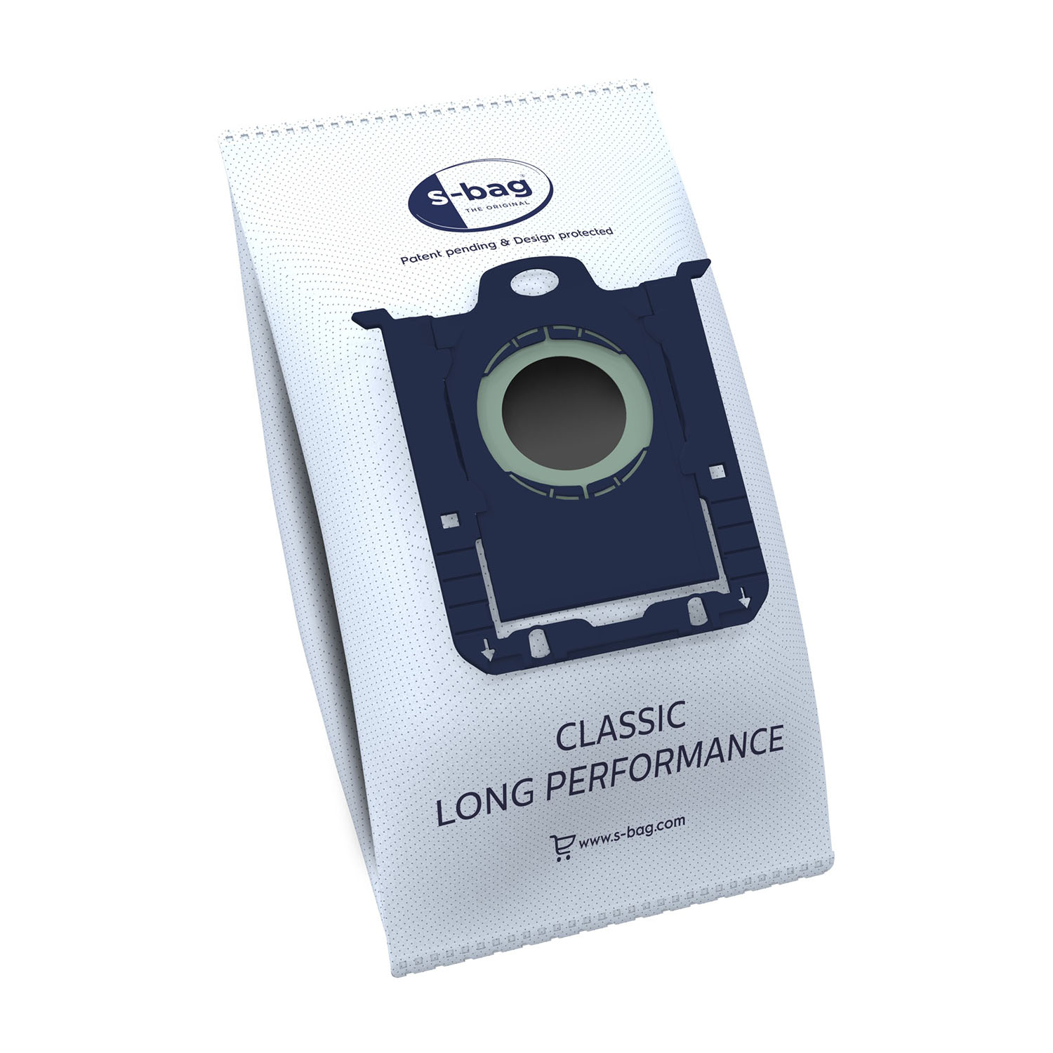 Sacco per aspirapolvere. È bianco con dettagli blu e ha il testo "s-bag" e "Classic Long Performance".