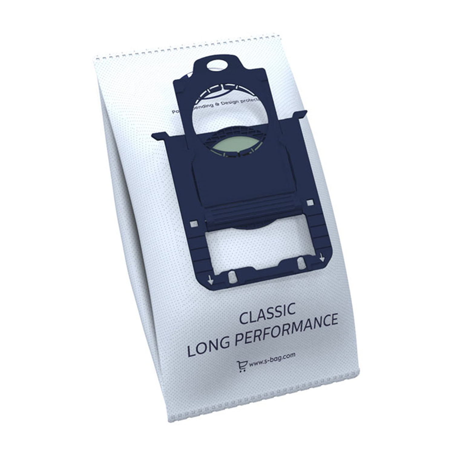 Sacco per aspirapolvere bianco con supporto in plastica blu scuro. Testo: CLASSIC LONG PERFORMANCE.