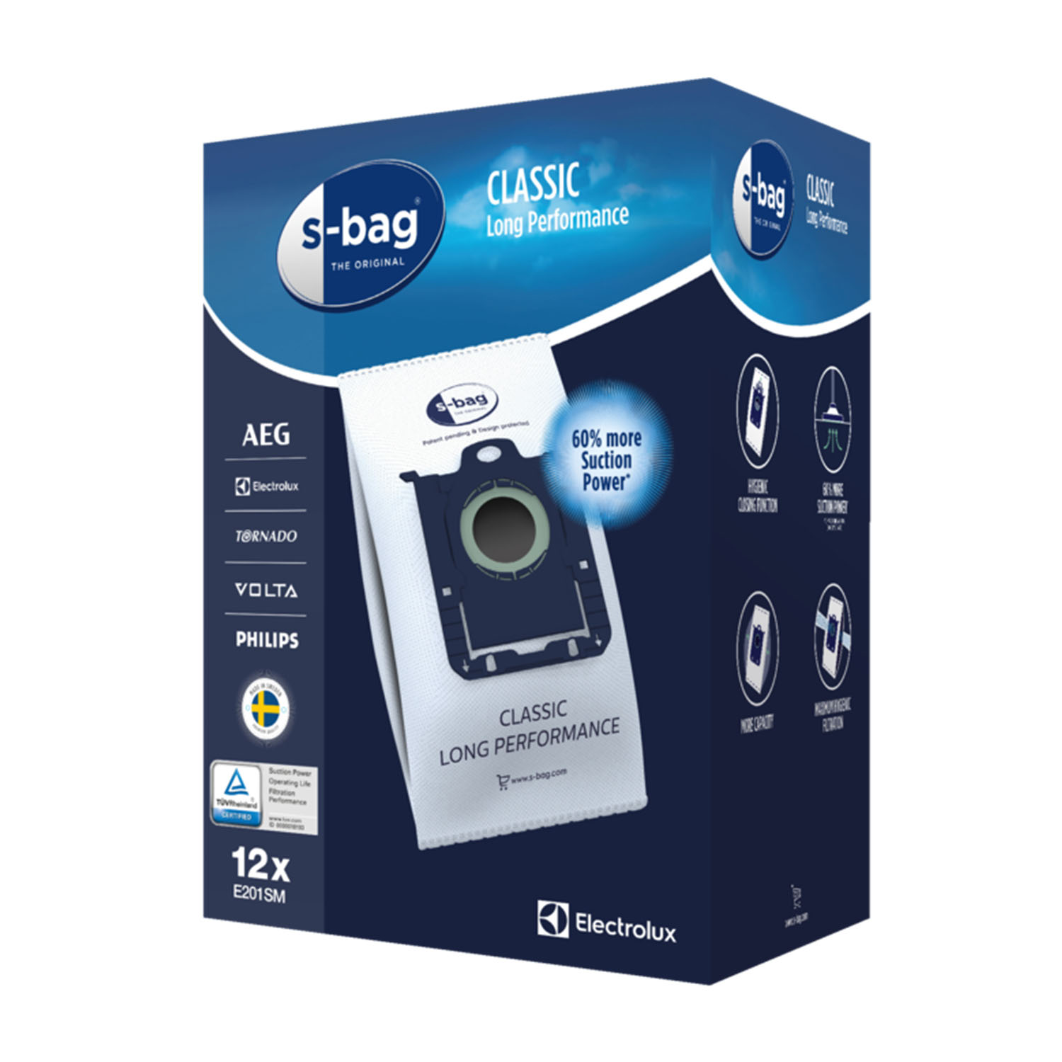 Scatola di sacchetti per aspirapolvere S-bag, con testo e immagini su sfondo blu.