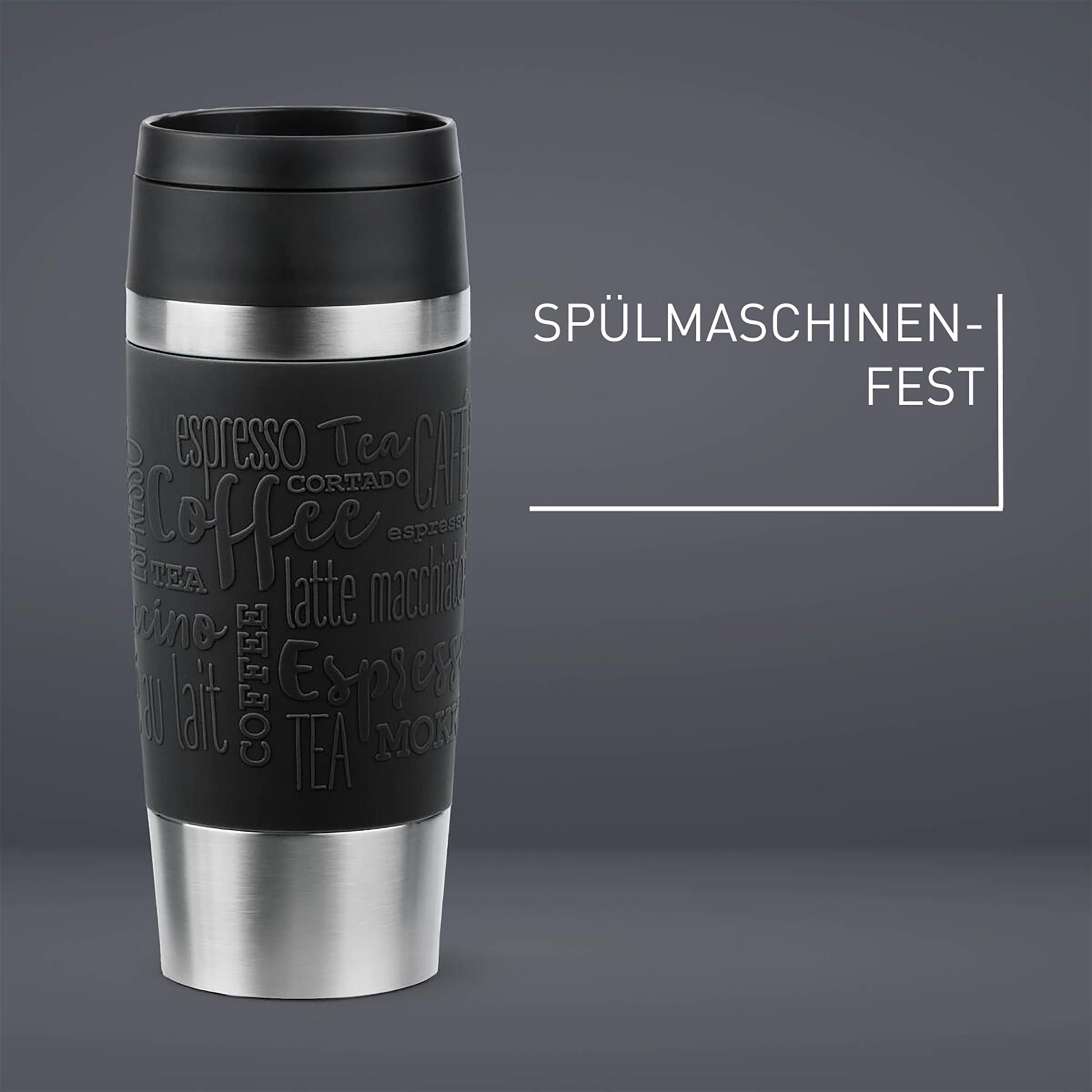 Ein schwarzer Reisebecher mit eingeprägten Kaffee-Wörtern auf der Seite.