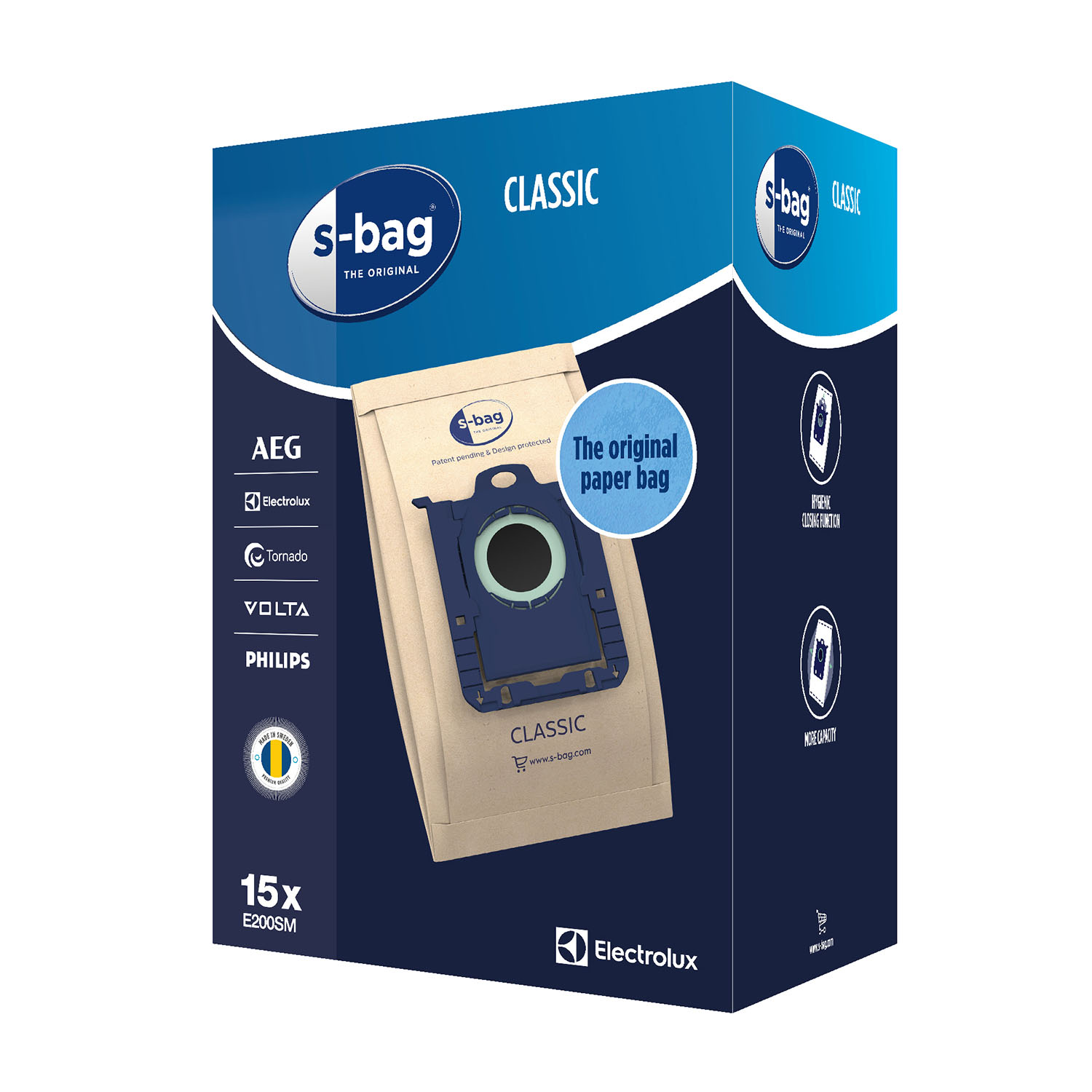 Scatola di sacchetti per aspirapolvere s-bag. Design blu e bianco, marchio Electrolux, modello classico.