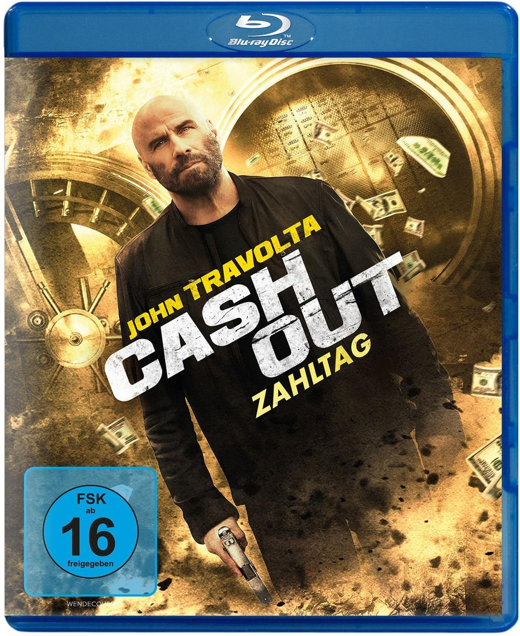 Blu-ray-Cover mit John Travolta, Titel 'Cash Out', mit Geld und einem Safe im Hintergrund.