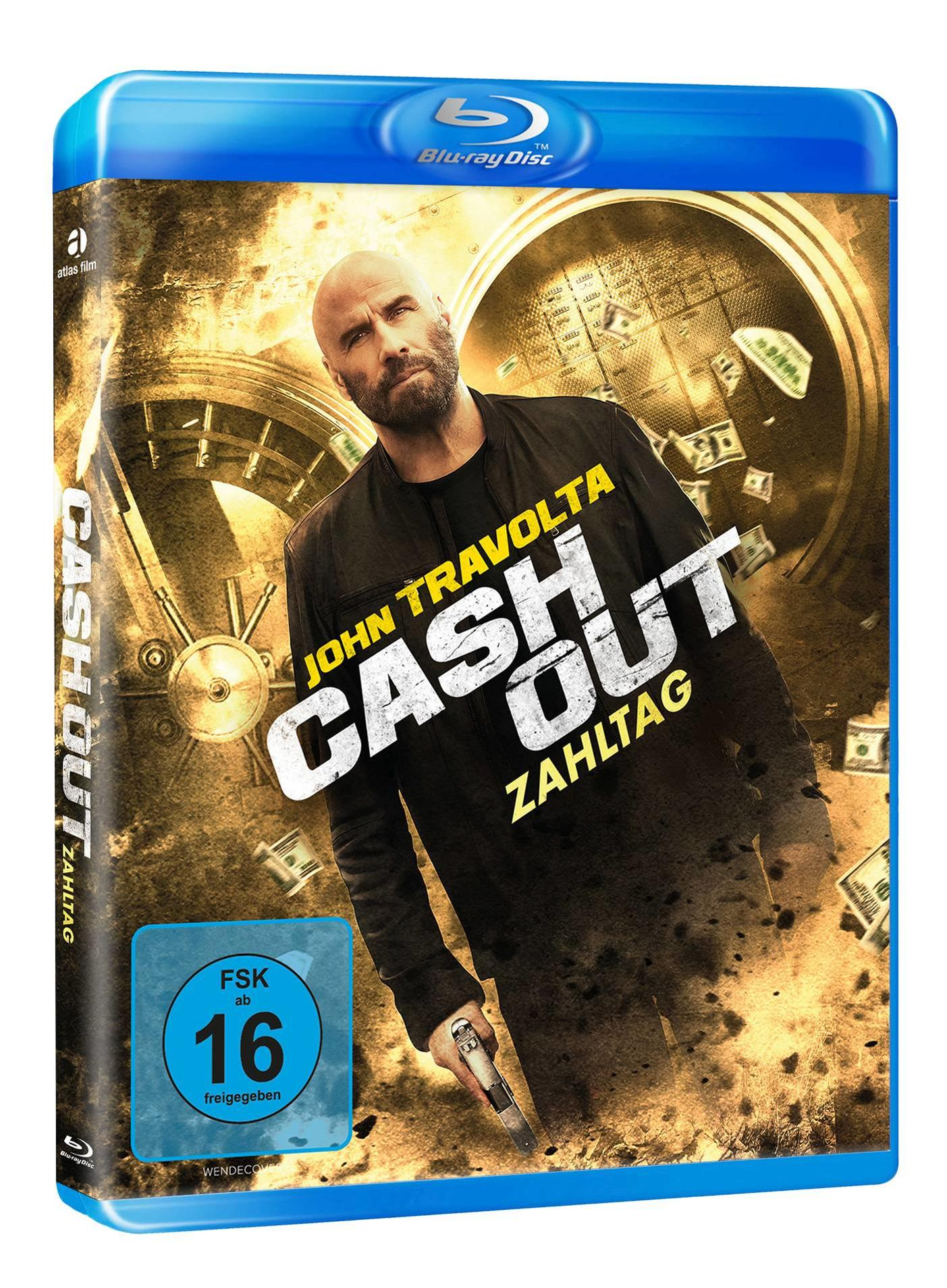 Filmcover: John Travolta vor dunklem Hintergrund mit dem Titel 'Cash Out'. Blu-ray Disc.