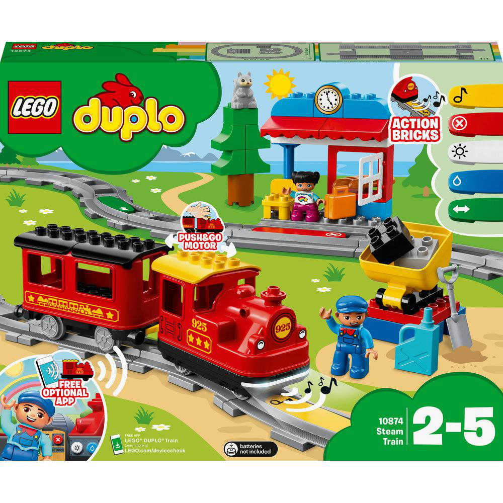 Lego Duplo Zug-Set. Roter Zug, Gleis, Station und Figuren. Weißer Hintergrund mit Box.