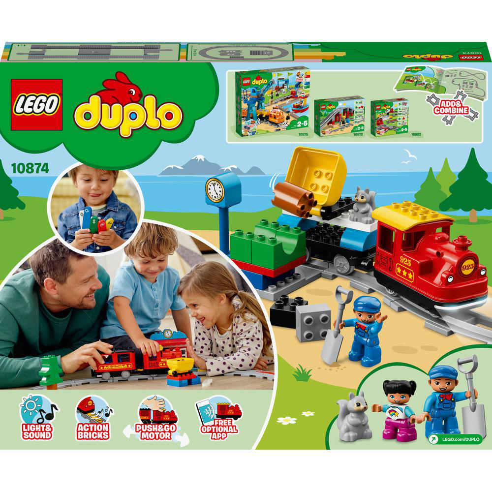 Ein Lego Duplo Set mit Zug, Personen und Zubehör. Helle Farben. Box mit Bildern.