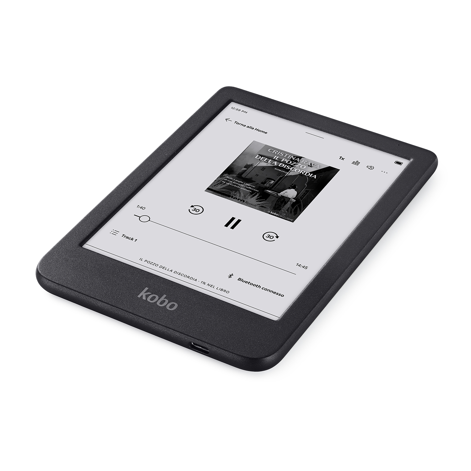 E-reader Kobo nero mostra contenuto libro. Lo schermo mostra una copertina e controlli di riproduzione.
