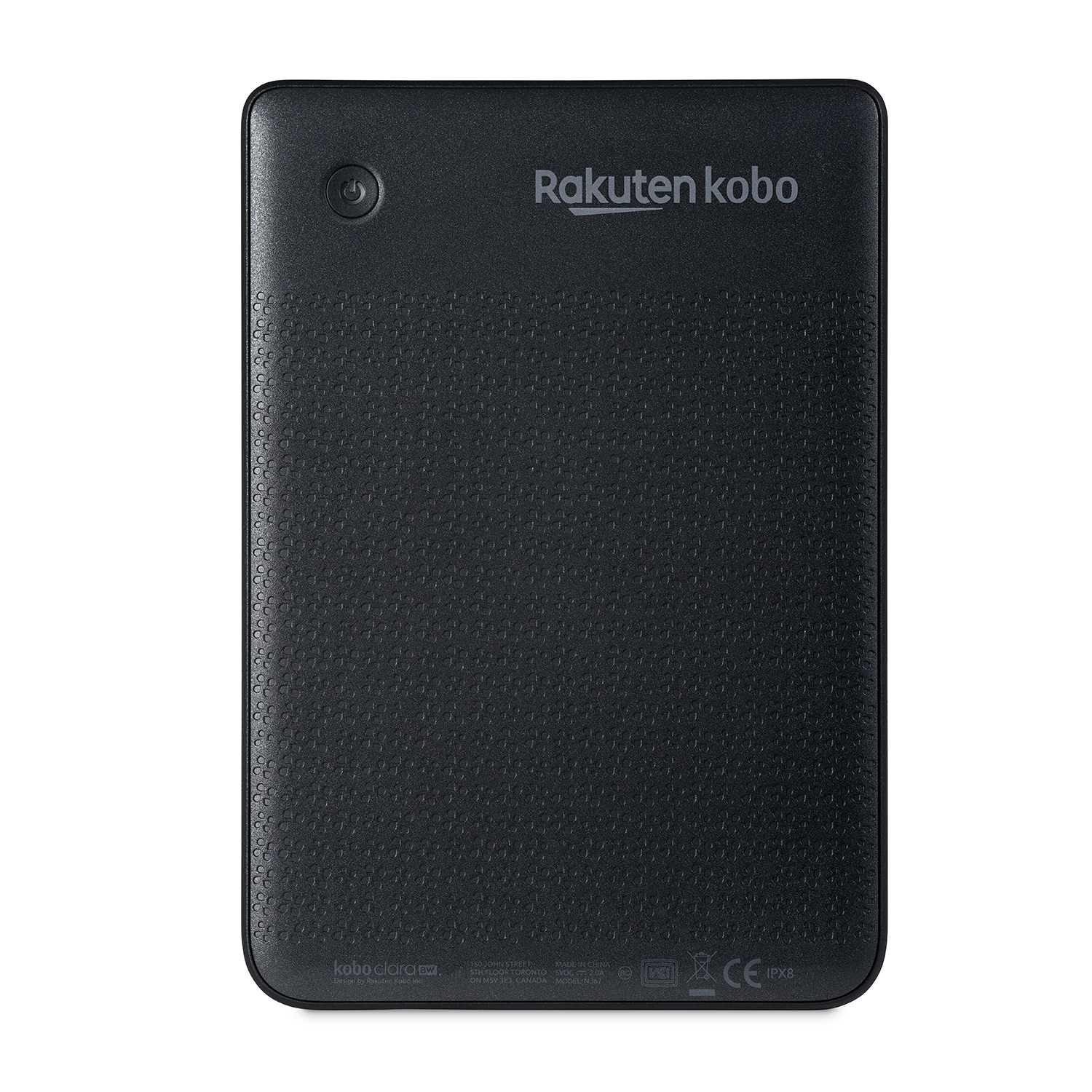 Lettore e-book Rakuten Kobo nero, vista posteriore. Pulsante di accensione sopra.